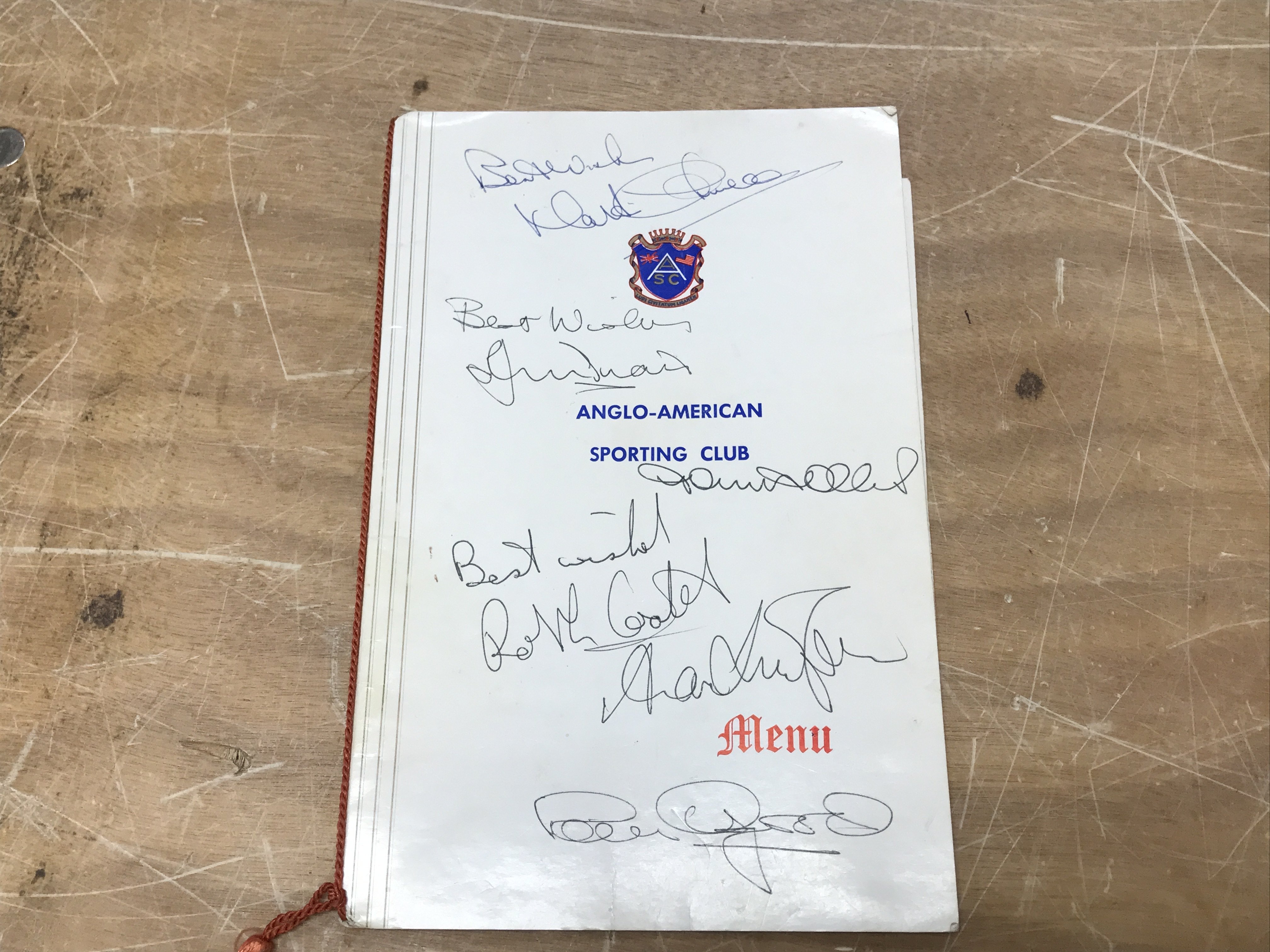Anglo American sporting club boxing dinner menu with number of signatures including Joe Bugner, . Postage category A
