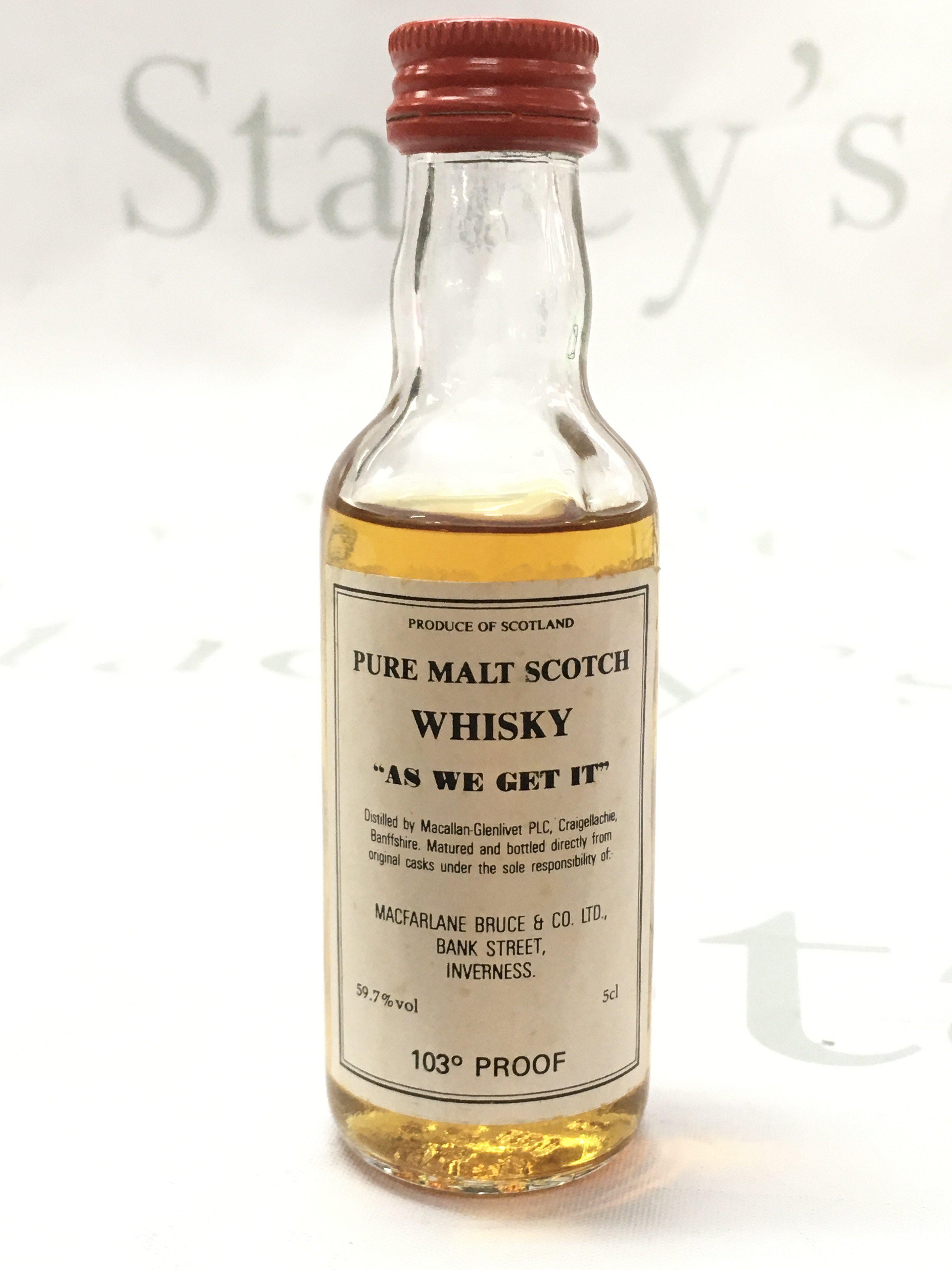 MacAllan Glenlivet Macfarlane Bruce & Co Pure Malt Scotch Whisky as we get it miniature . This lot cannot be posted