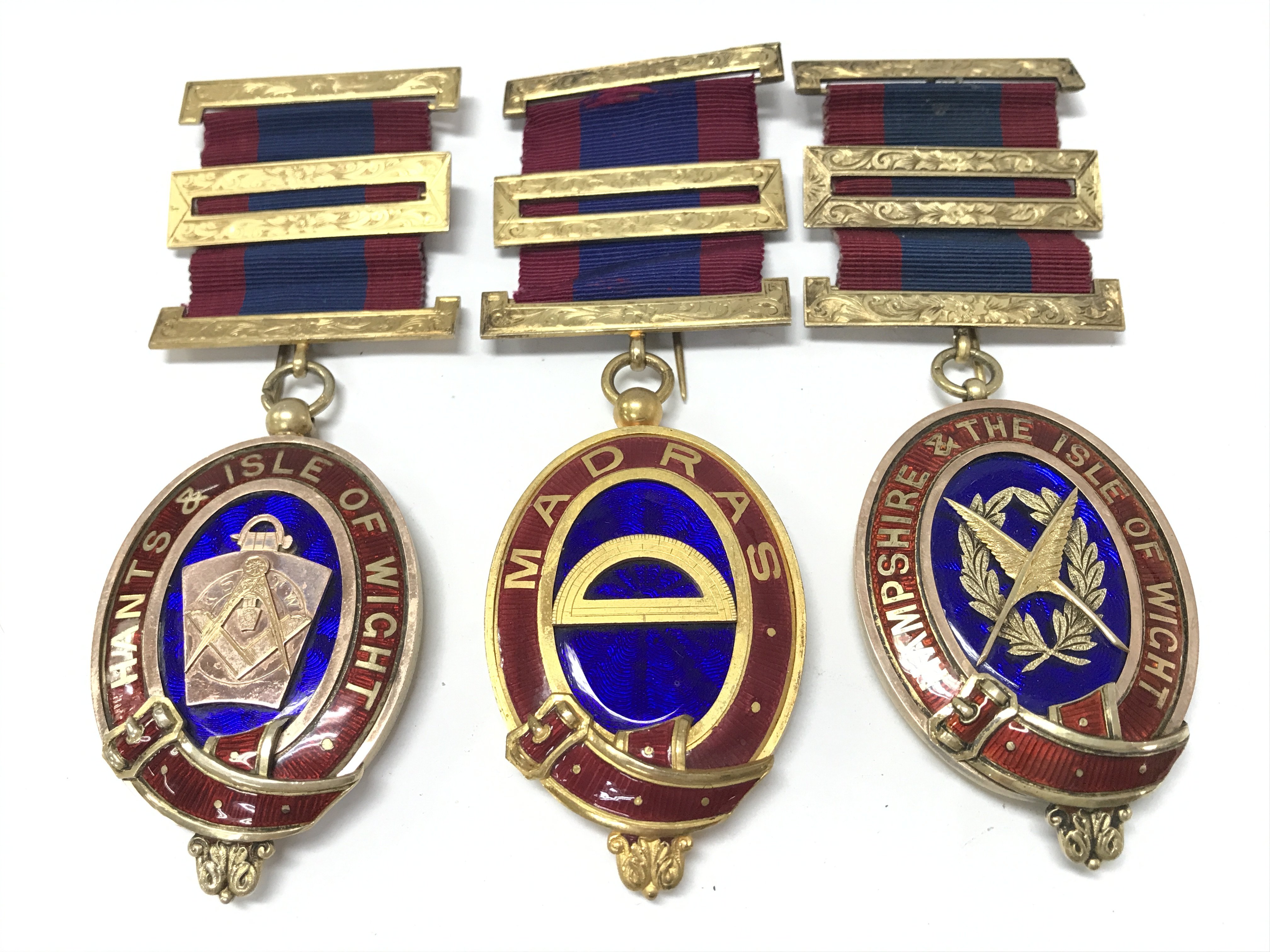 Three silver and gilt Passed Grand Masters Masonic County Jewels hans & Isle of Wight 1914 Madras and 1918 Hampshire & The Isle of Wight. Postage category A