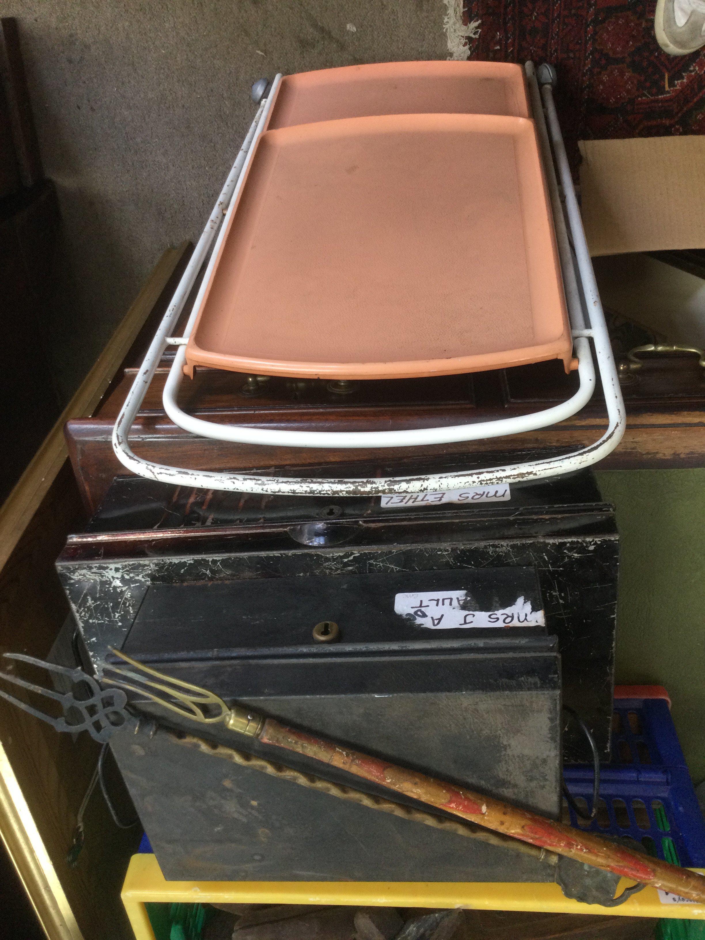 A folding tea trolley, a vintage Brexton picnic hamper, two deed boxes and toasting forks.. Shipping category D.