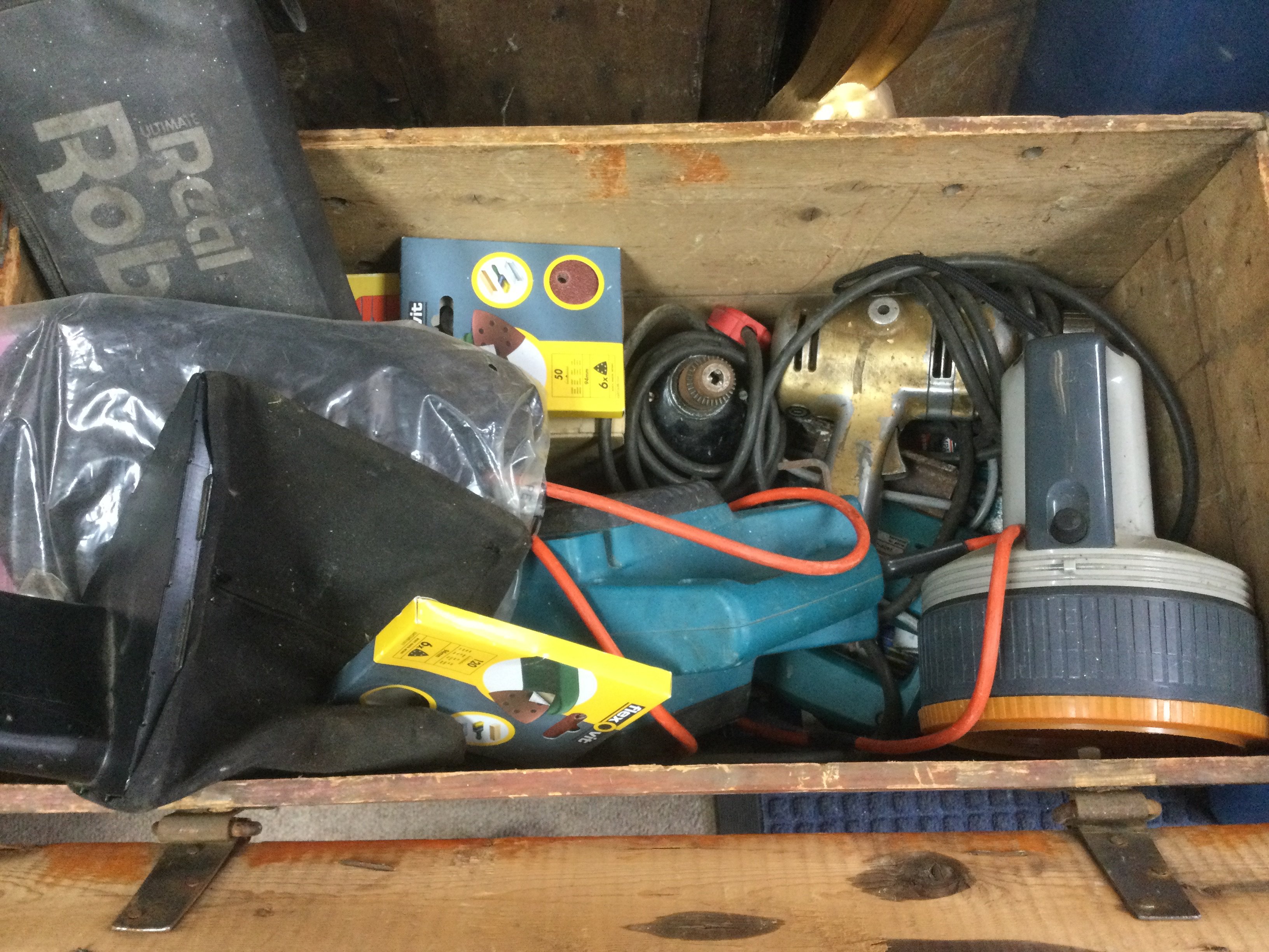 Three boxes of tools including drills, planes and chisels etc. Shipping category D.