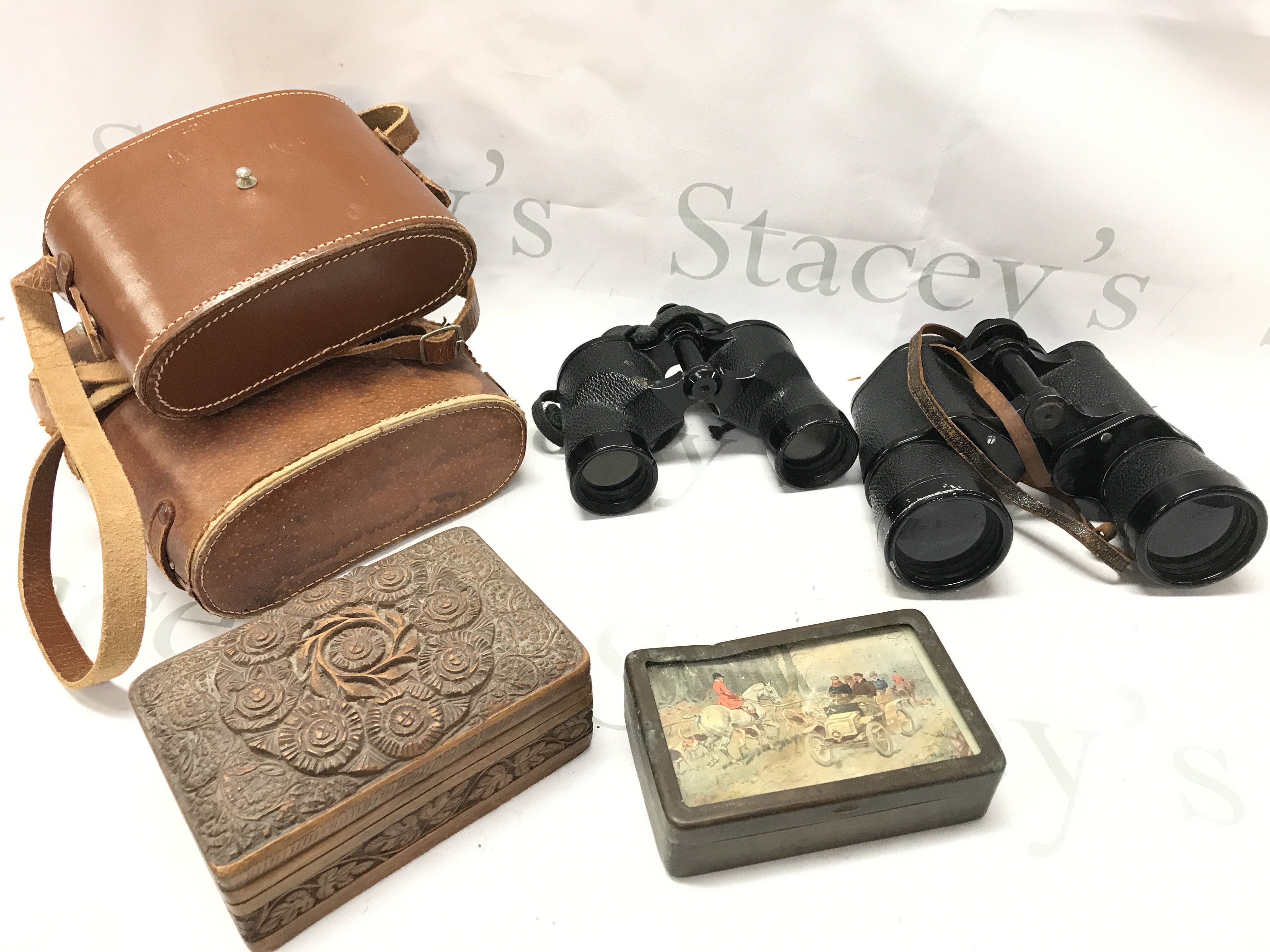 Vintage cased binoculars Aurora 12x50, Scope 9x35, dominos pieces ,wooden trinket box . Postage category C