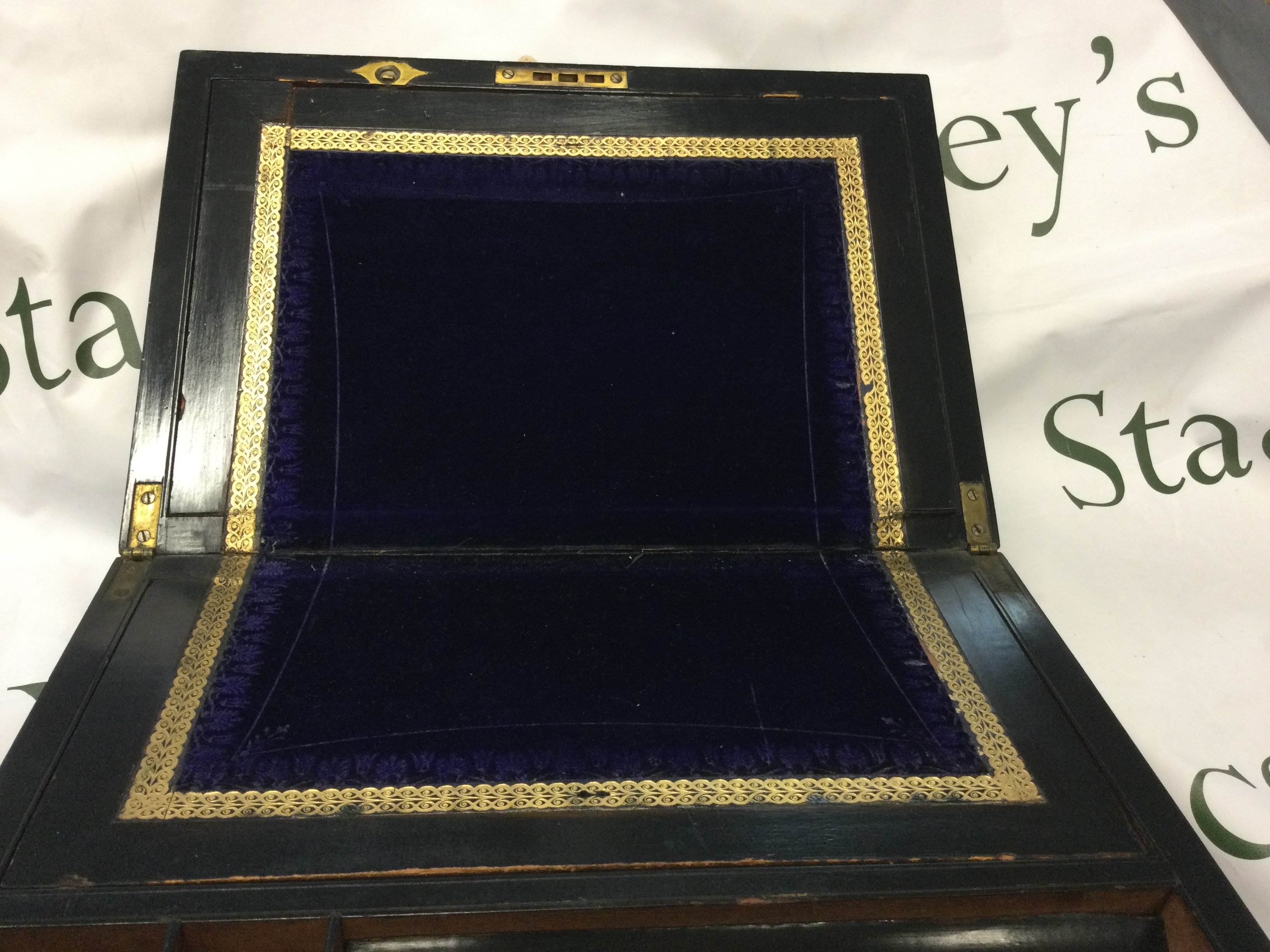 A Victorian tunbridge type writing box. 35w x 23d x 17h cm Postage B