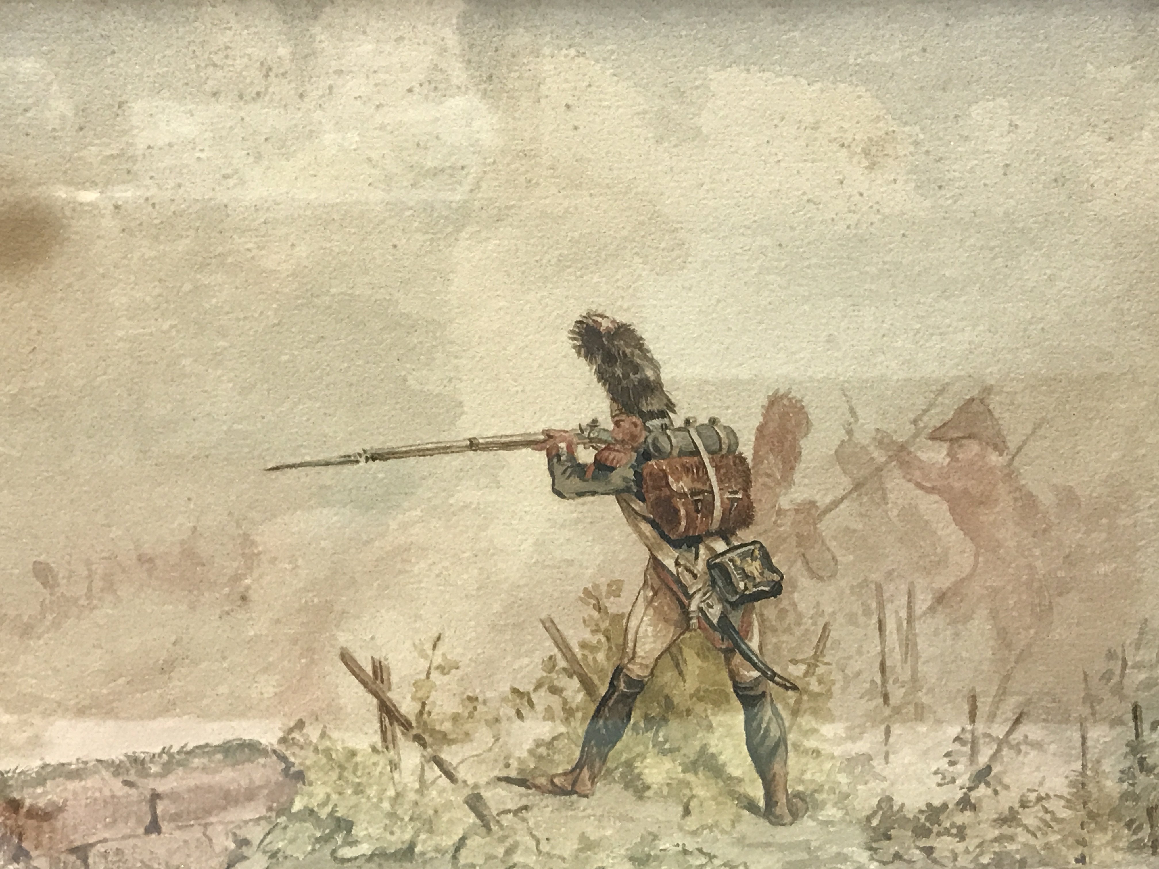 Two 19th century Napoleonic watercolour paintings, War in the Peninsula the downfall of Napoleon. Frame dimensions 41x37cm . This lot cannot be posted