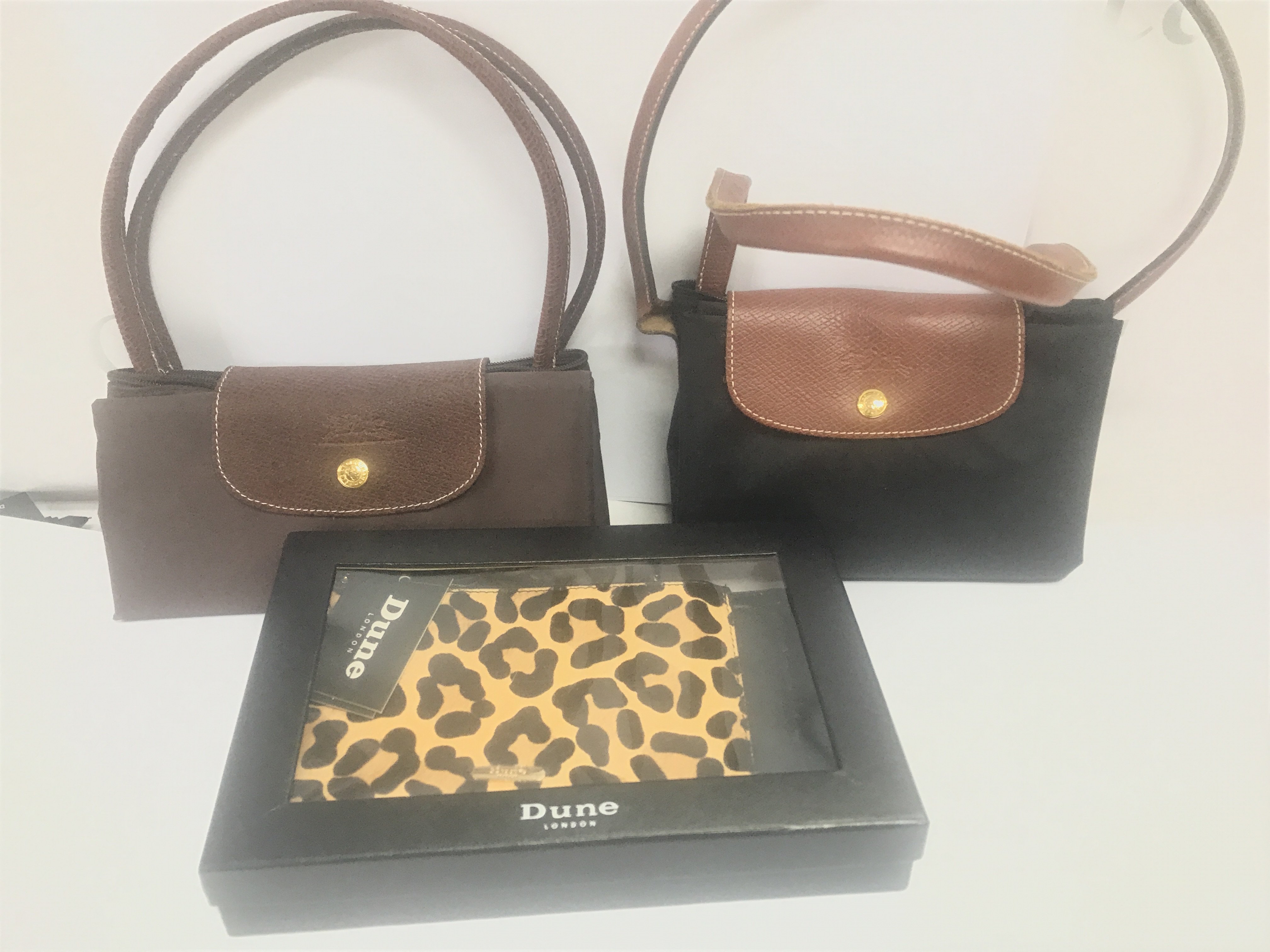 2 Genuine Longchamp bags and 1 Dune clutch bag