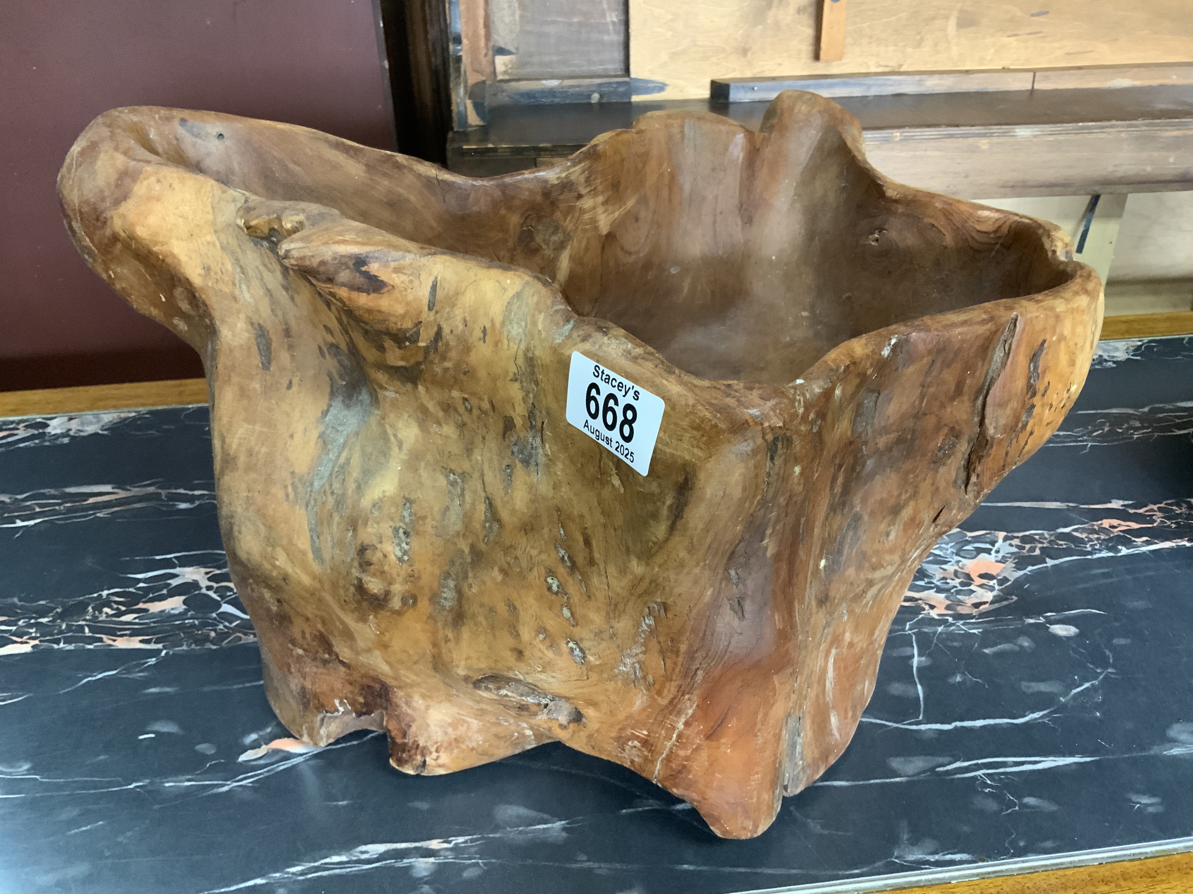 A large root wood carved bowl. 45cm x 26cm