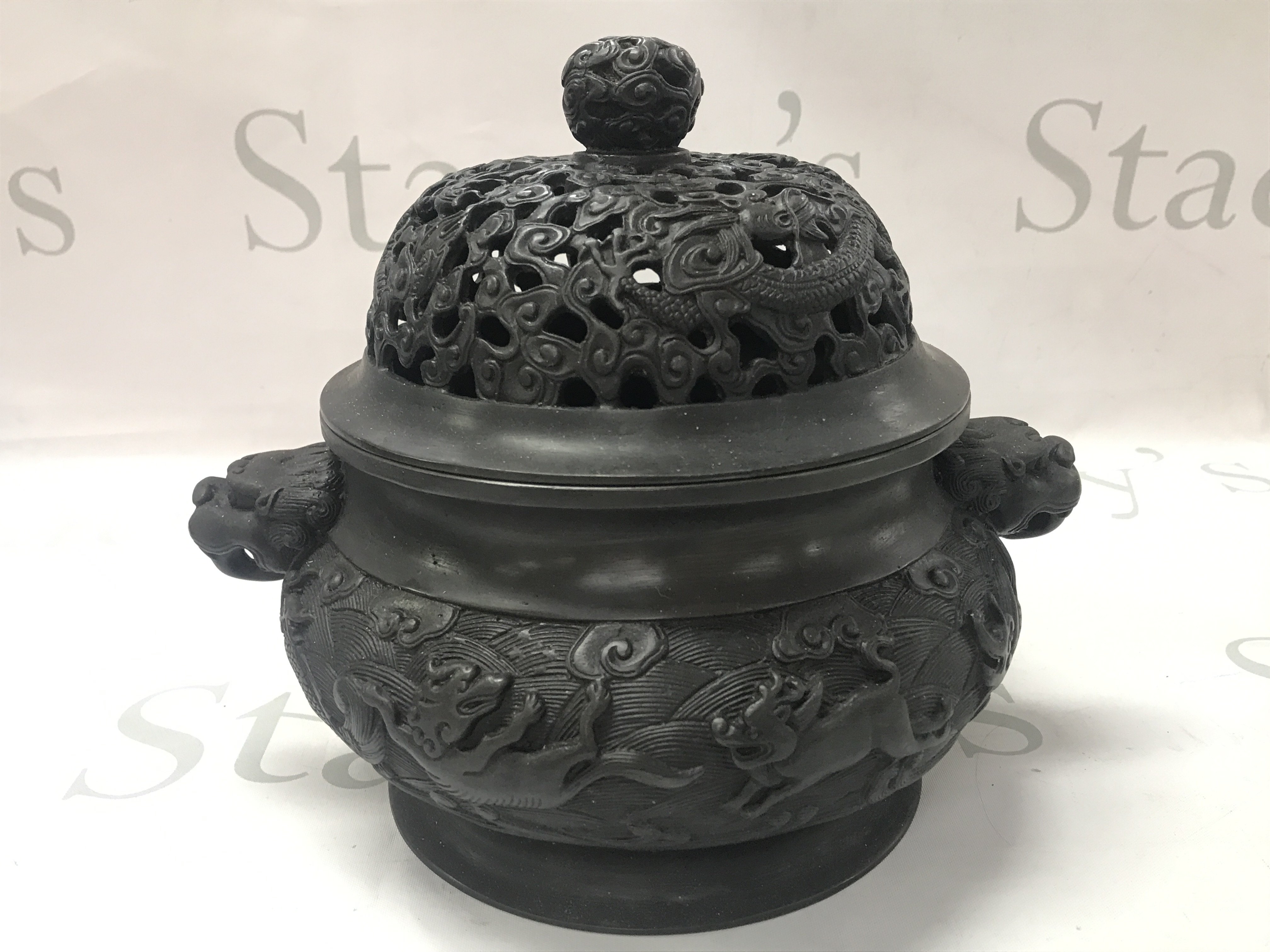 A Chinese bronze censor with dragon/animal design (21cm tall) and a six character mark at the base and a pair of bronze rearing horse figures (17cm tall). Postage catC