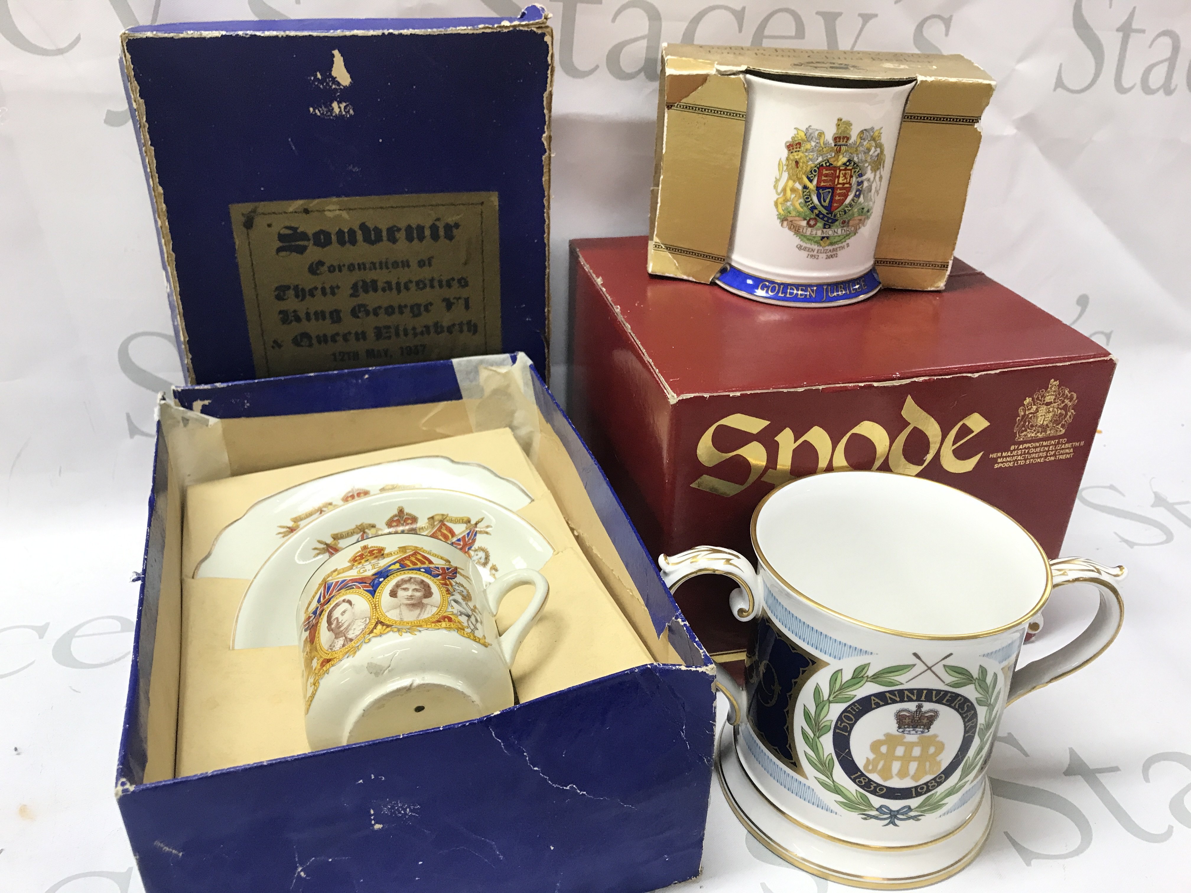 Commemorative ceramics including Spode, 150th anniversary sesquicentenary of Henley Royal Regatta, Golden Jubilee 1952-2002 China Ringtons cup and Leonardo collection cup and saucer. No reserve This lot cannot be posted
