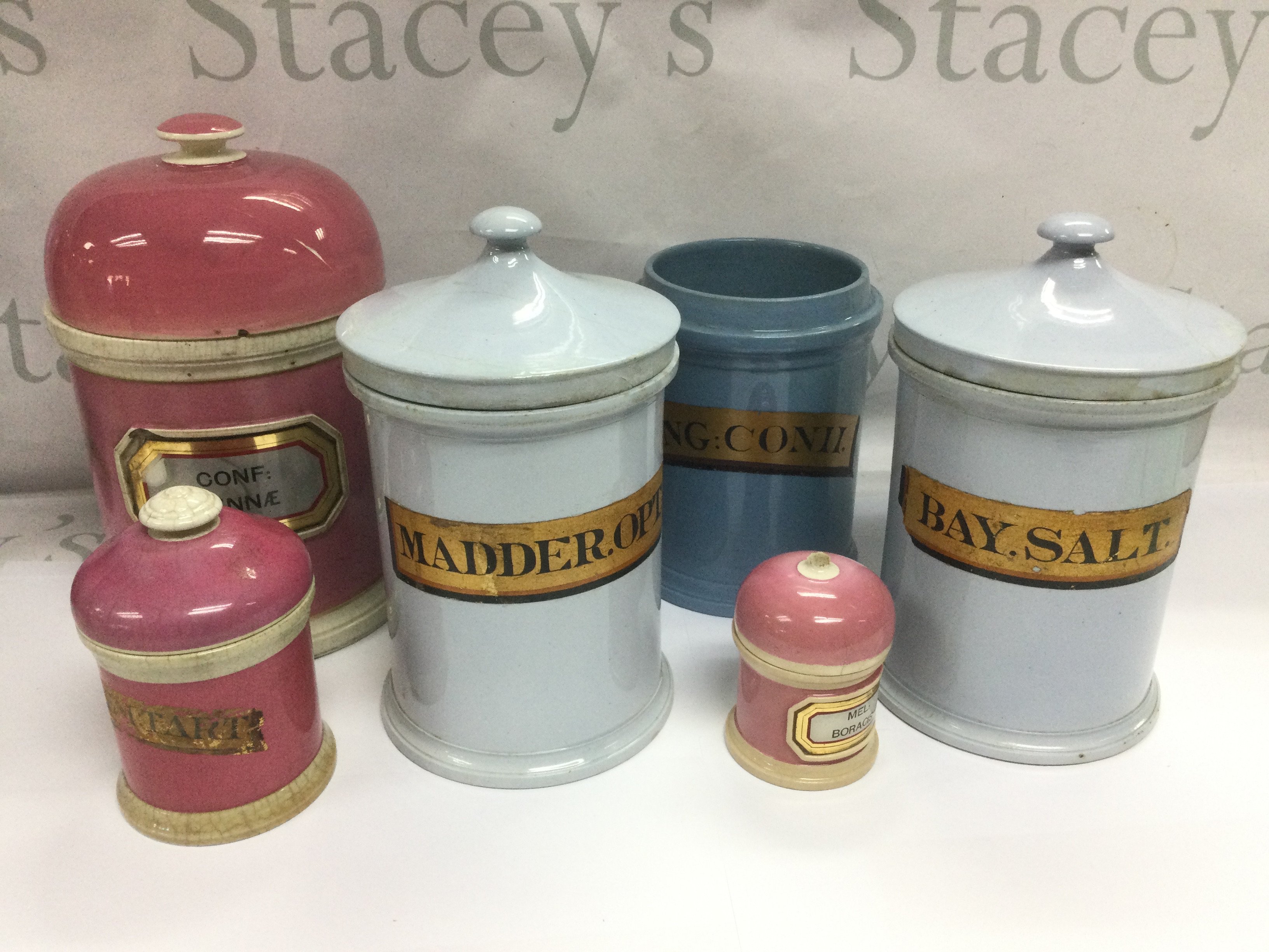 Six ceramic apothecary jars. Shipping category D.