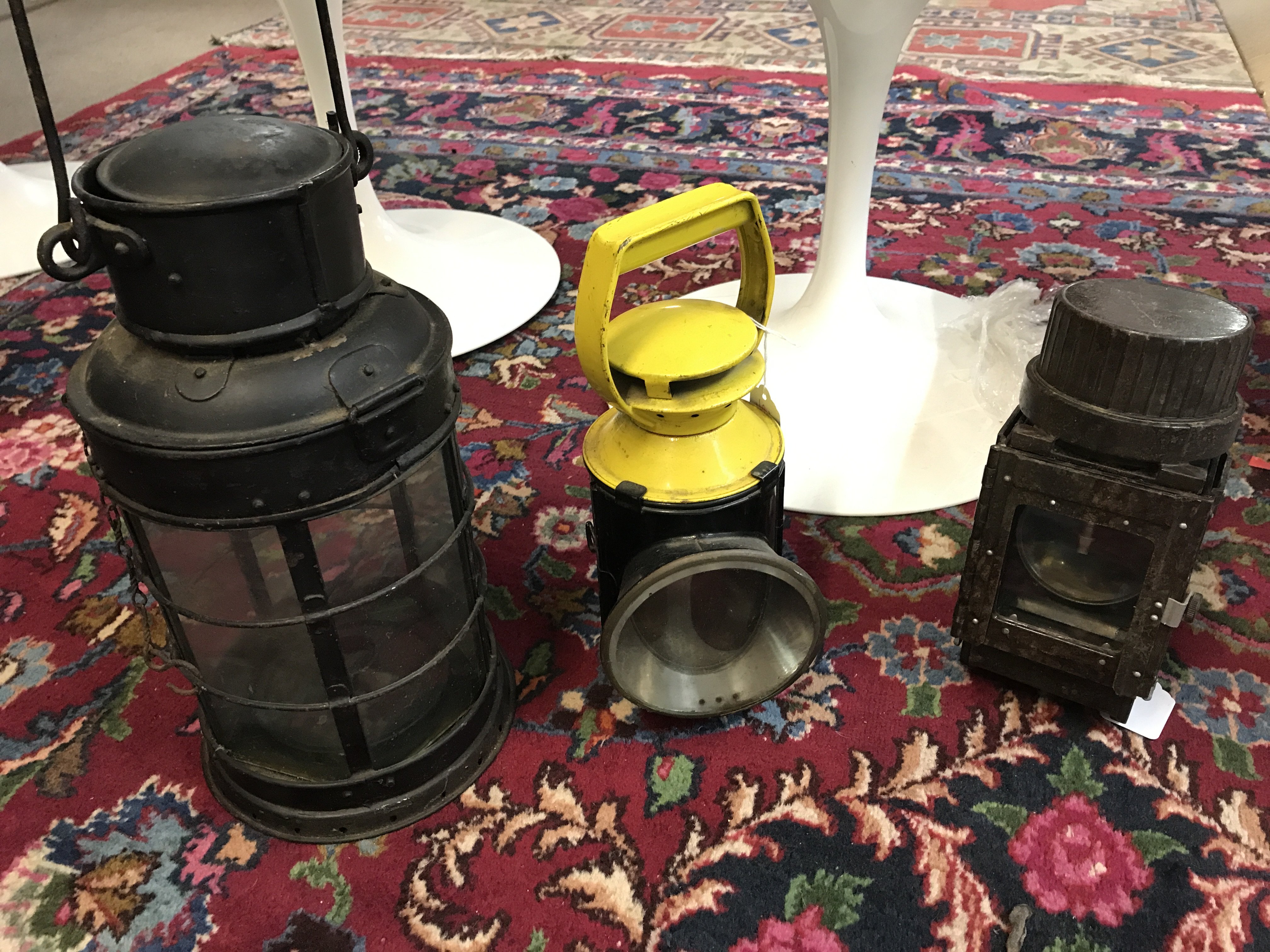 Three Vintage lamps a yellow and black BR lamp an unusual metal and bakerlite lamp and one other of circular shape (3)