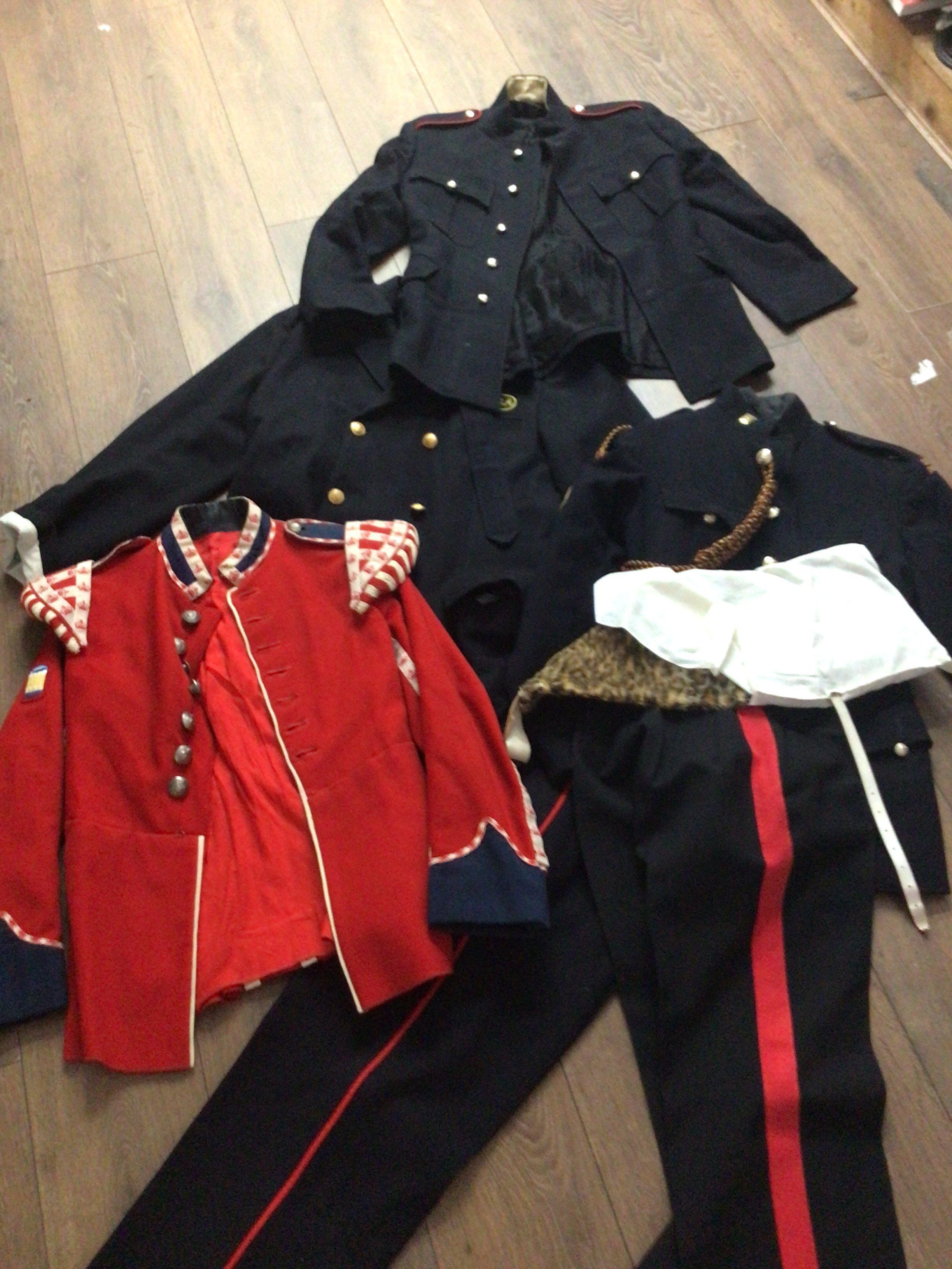 British Army and other number 1 uniforms including a bandsman and Essex Regiment soldier with trousers and a drummers webbing.