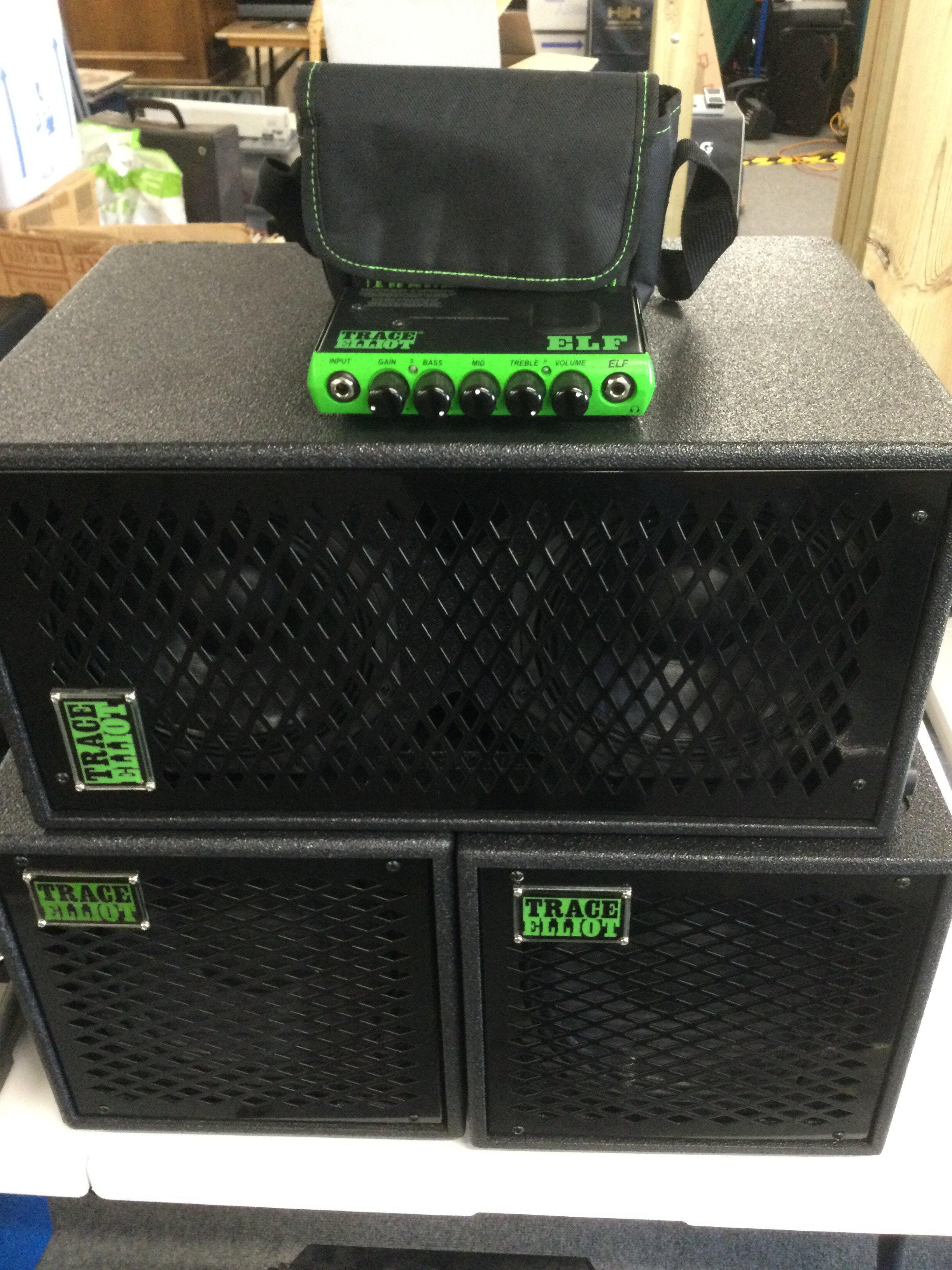 A Trace Elliot Elf 200W compact bass amp head plus a pair of Trace Elliot 1x10" speakers and one 2x8" speaker (4).
