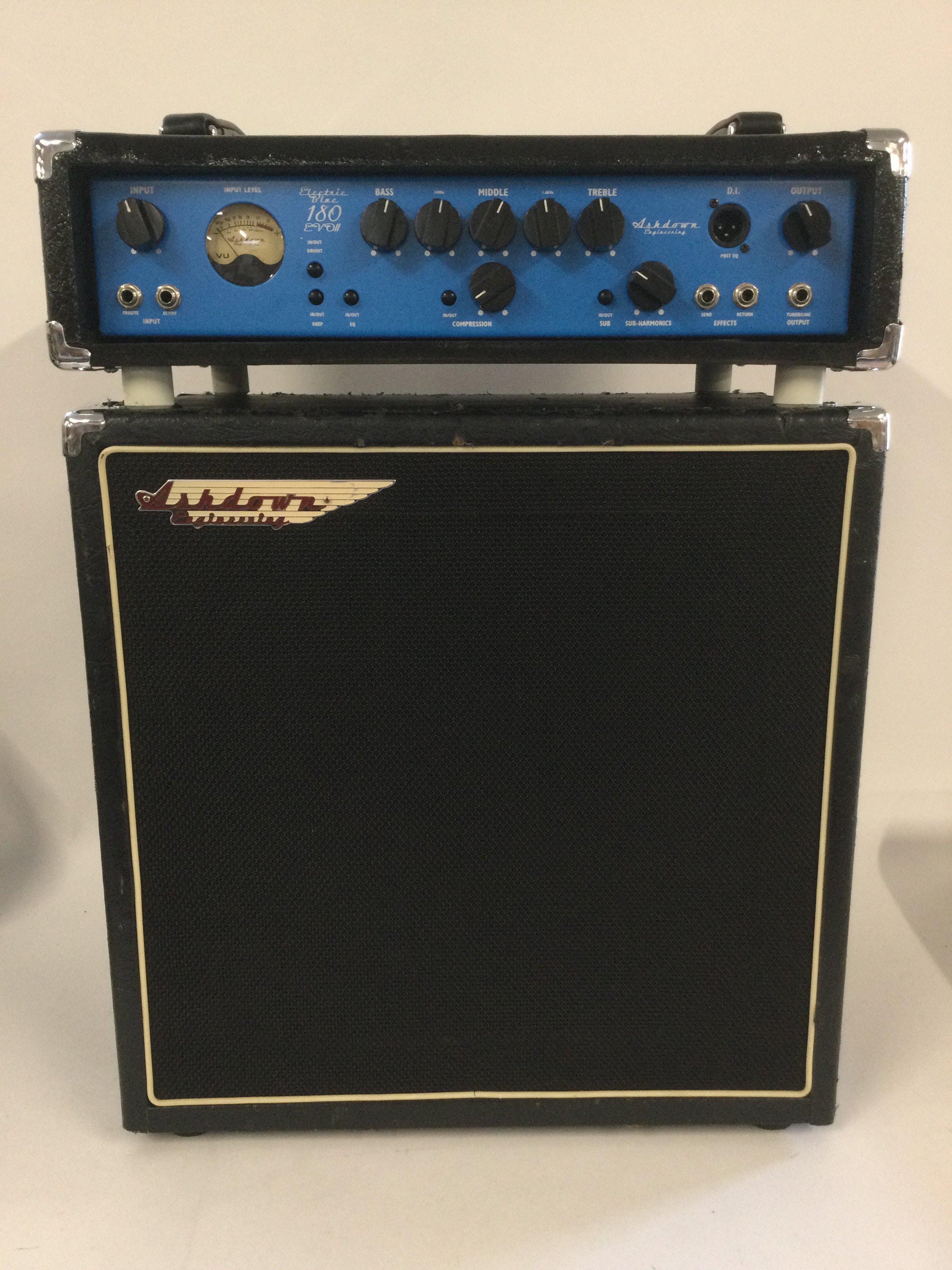 An Ashdown Electric Blue 180 Evo II bass amp head and an Ashdown speaker cabinet (2).