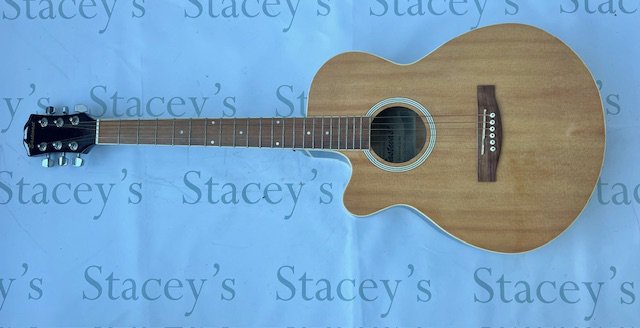 A left handed Eastcoast Electro Acoustic Guitar with inbuilt pickup and preamp. In good overall condition with some light wear to the back and edge wear to binding. No Case.