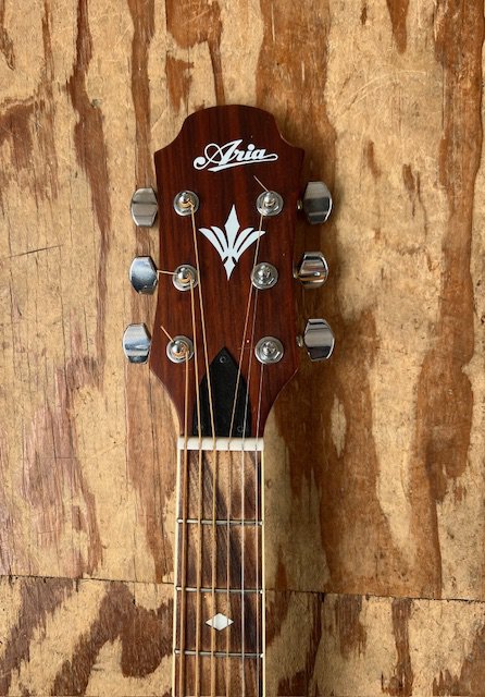 An Aria Electro Acoustic MBA 20 RHC Electro Acoustic Guitar in smoke grey. Good played condition with small chips to headstock.