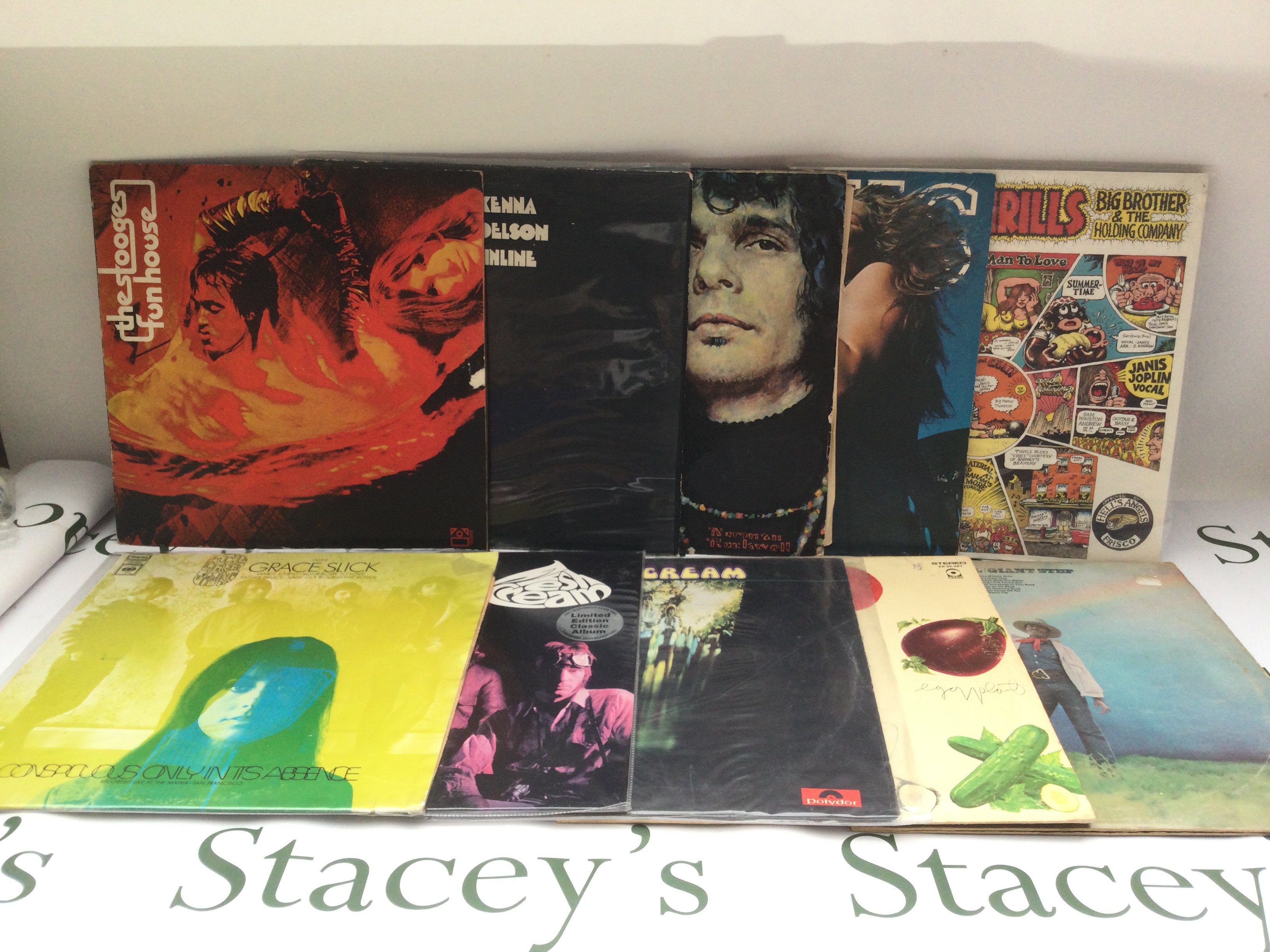 Ten rock and blues LPs by various artists including The Stooges, Cream, Big Brother & The Holding Company and others comprising 'Fun House', 'Fresh Cream', 'Cheap Thrills' and others.