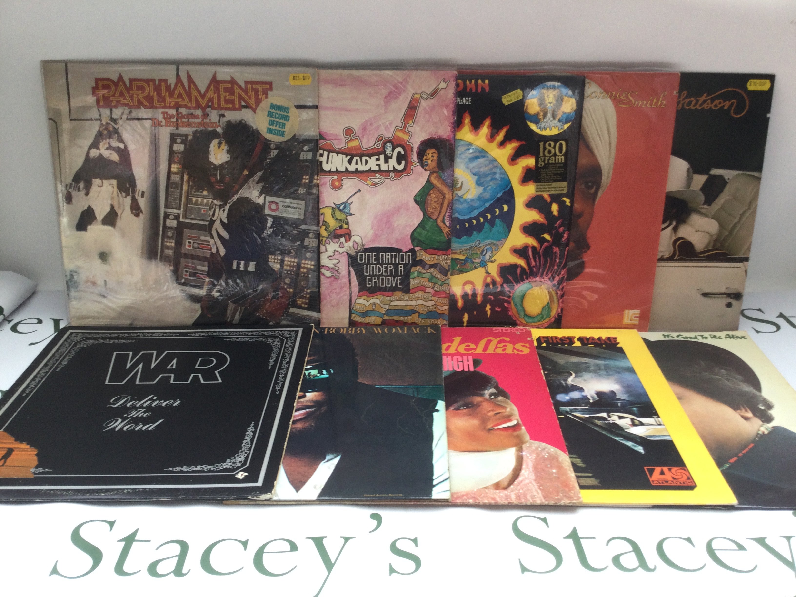 Two bags containing 20 funk and soul LPs by various artists including Parliament, War, Bobby Womack and others