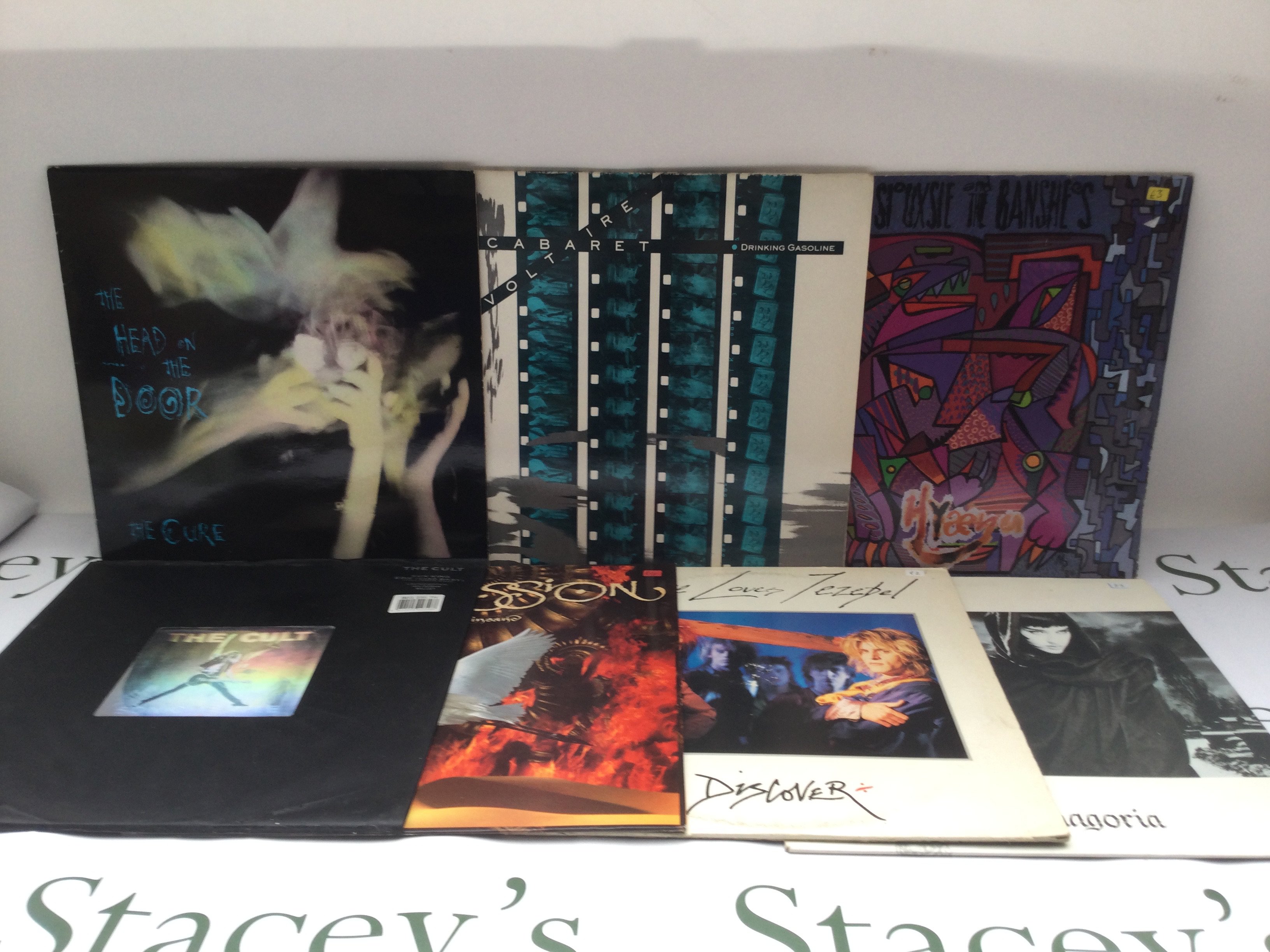 Seven goth rock / industrial LPs by various artists including The Cure, Siouxsie & The Banshees, Cabaret Voltaire and others.