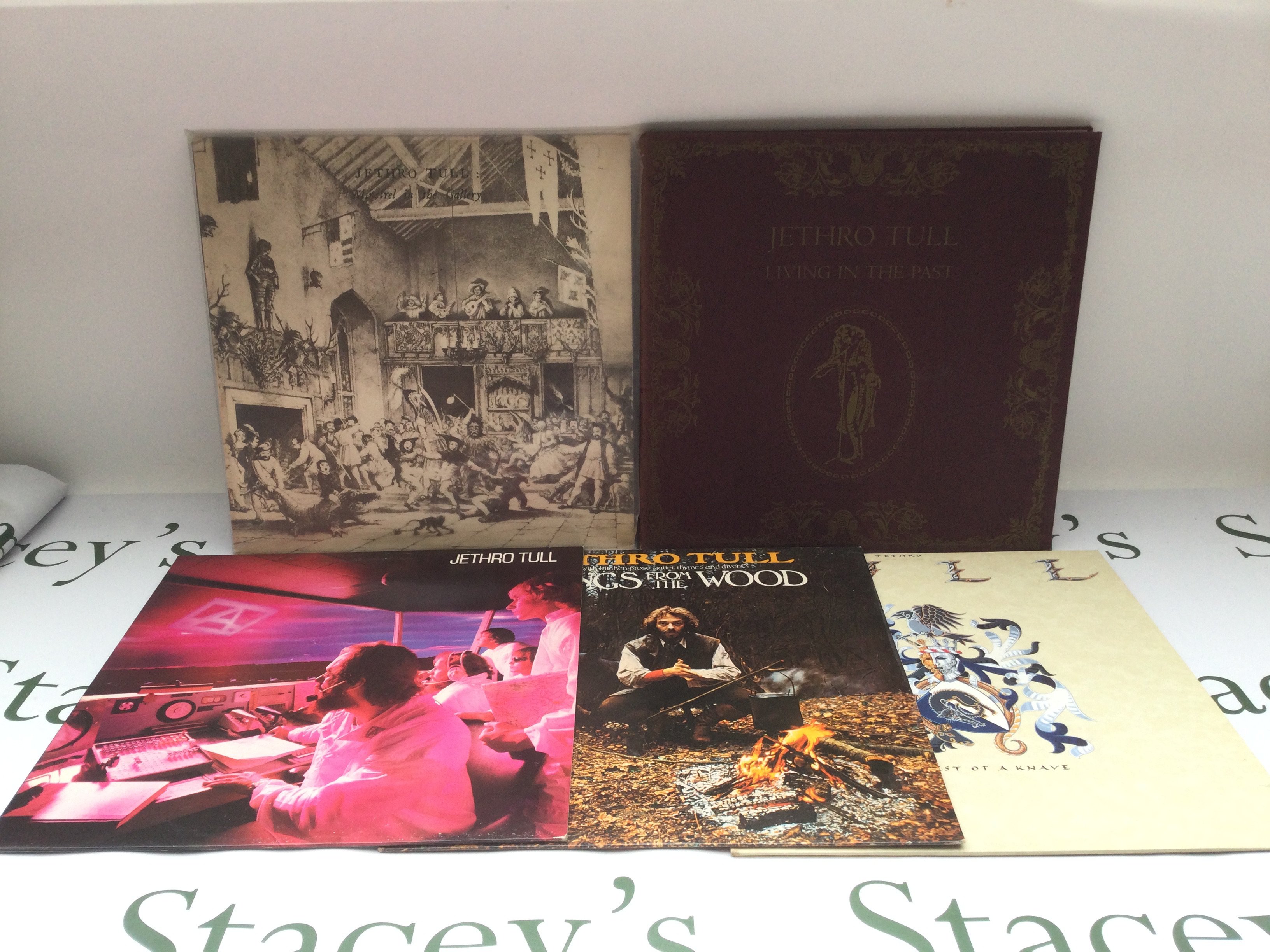 Five Jethro Tull LPs comprising 'Living In The Past', 'Minstrel In The Gallery' and others.