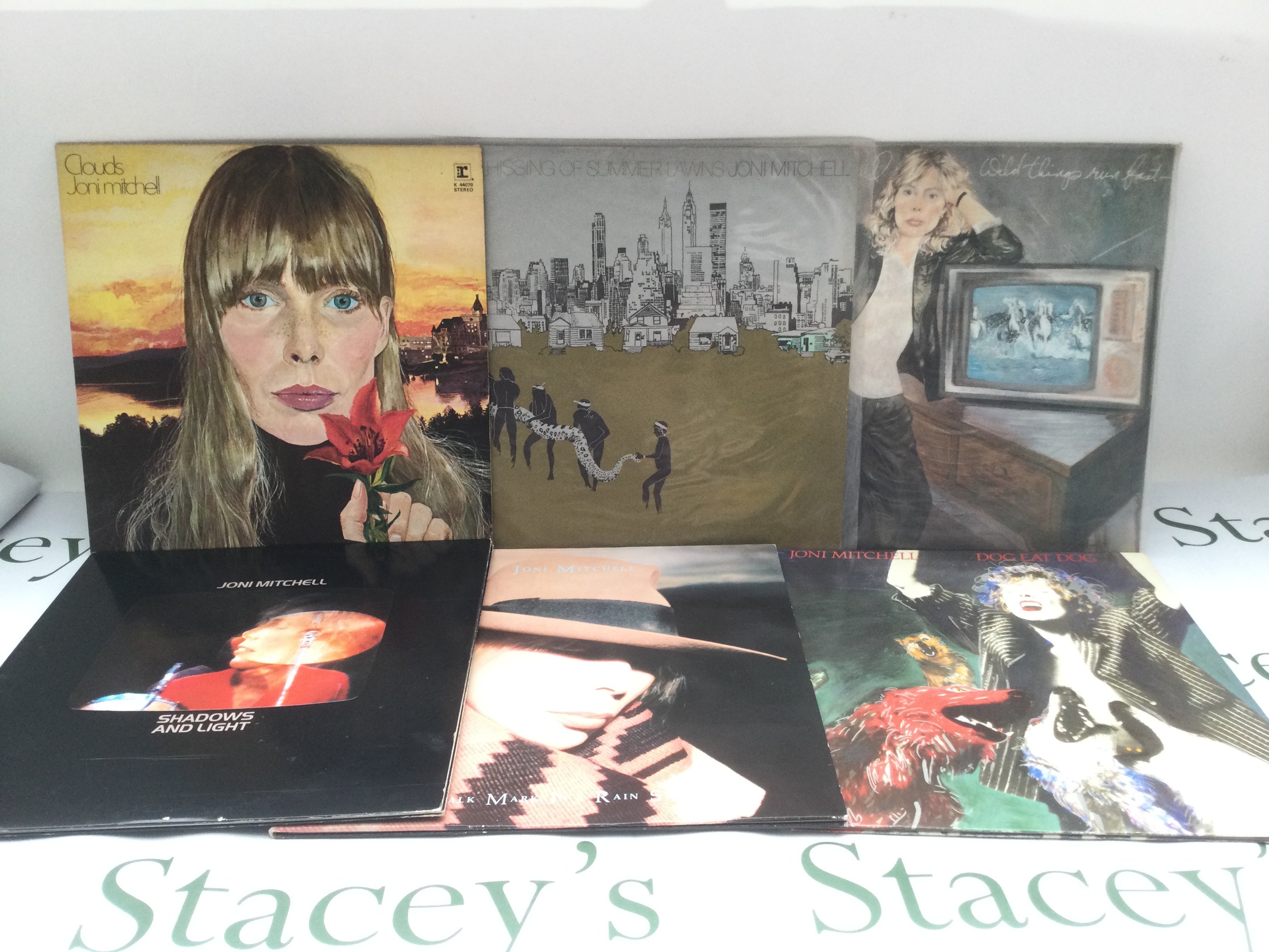 Six Joni Mitchell LPs comprising 'Clouds', 'The Hissing of Summer Lawns' and others.