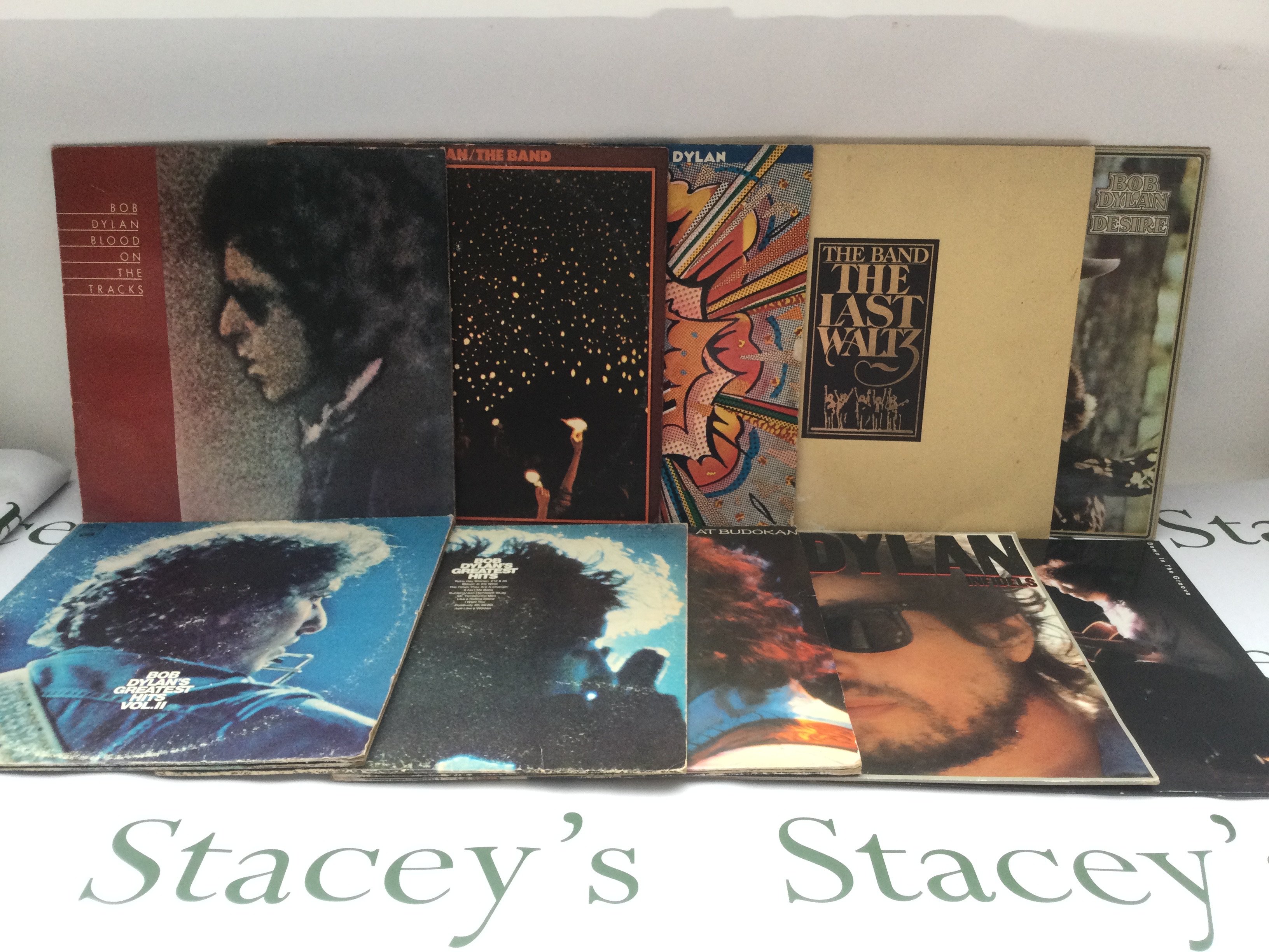 Ten Bob Dylan and The Band LPs comprising 'Blood On The Tracks', 'The Last Waltz', 'Desire' and others.