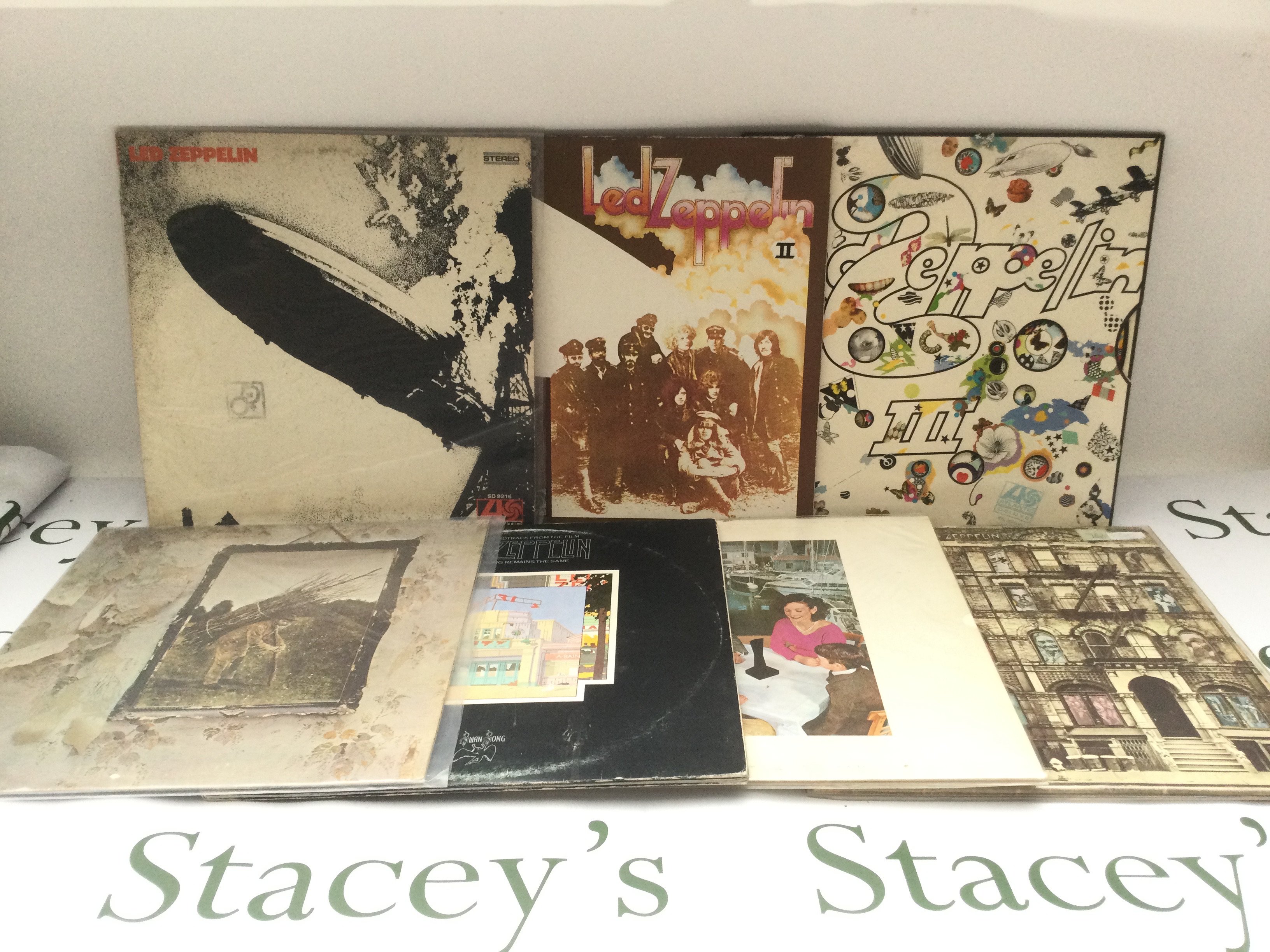 Seven Led Zeppelin LPs comprising 'Led Zeppelin I', 'IV', 'Physical Graffiti' and others.