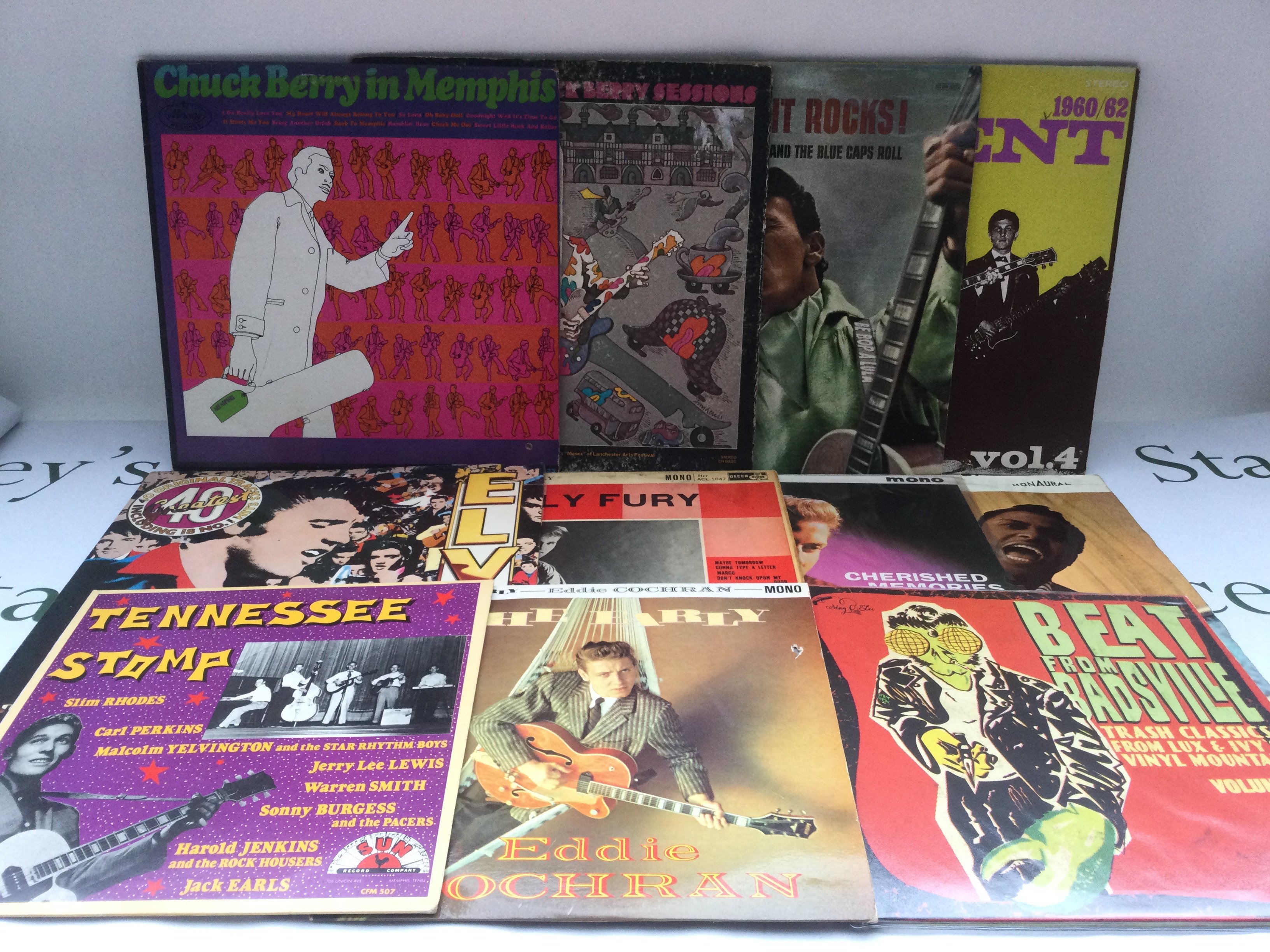 A collection of rock n roll and rockabilly LPs and 10" discs by various artists including Elvis Presley, Gene Vincent, Eddie Cochran and others.