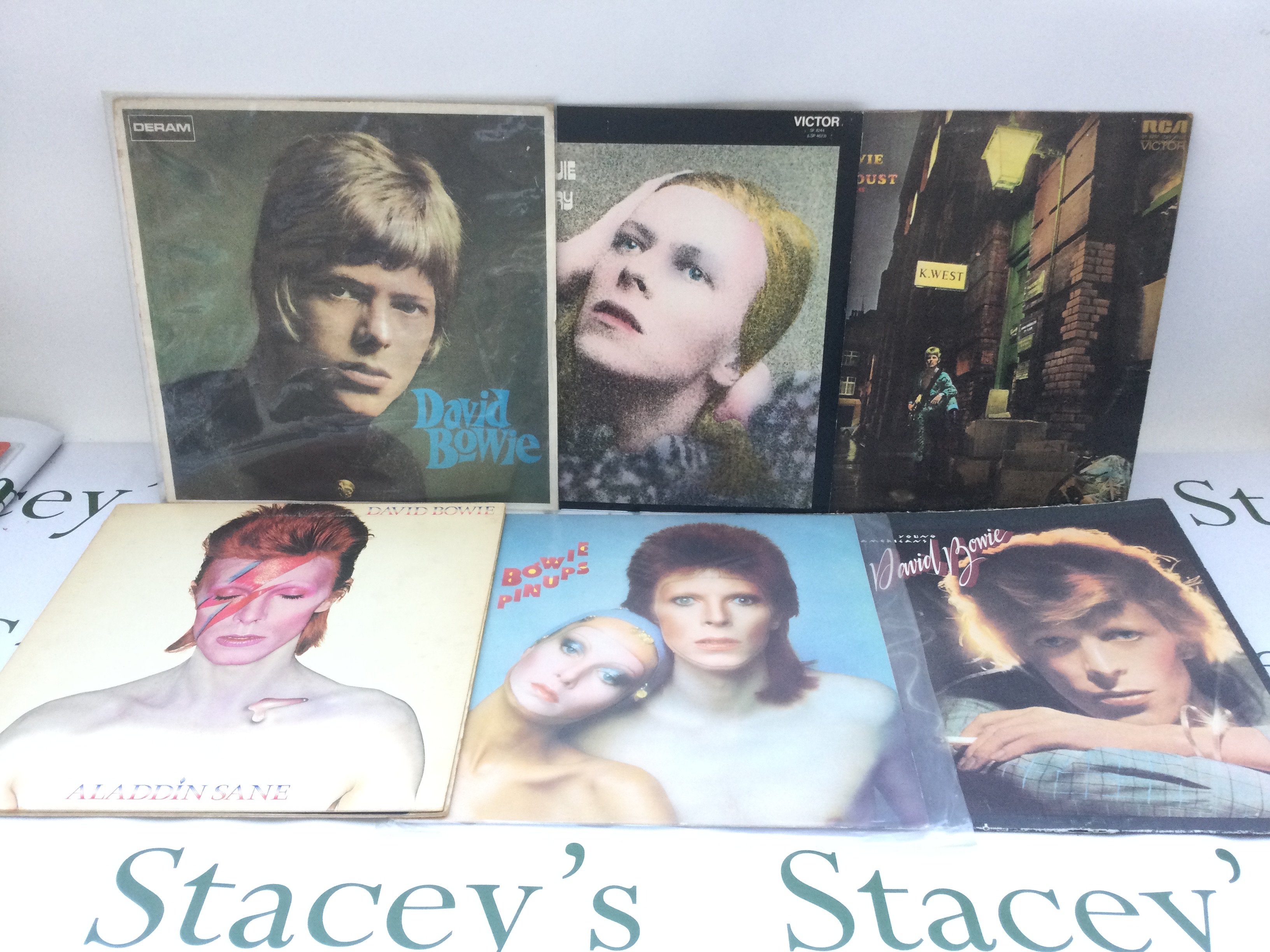 Six David Bowie LPs comprising a reissue of the self titled 1967 album plus earlier pressings of 'Aladdin Sane', 'Ziggy Stardust...', 'Hunky Dory' and others.