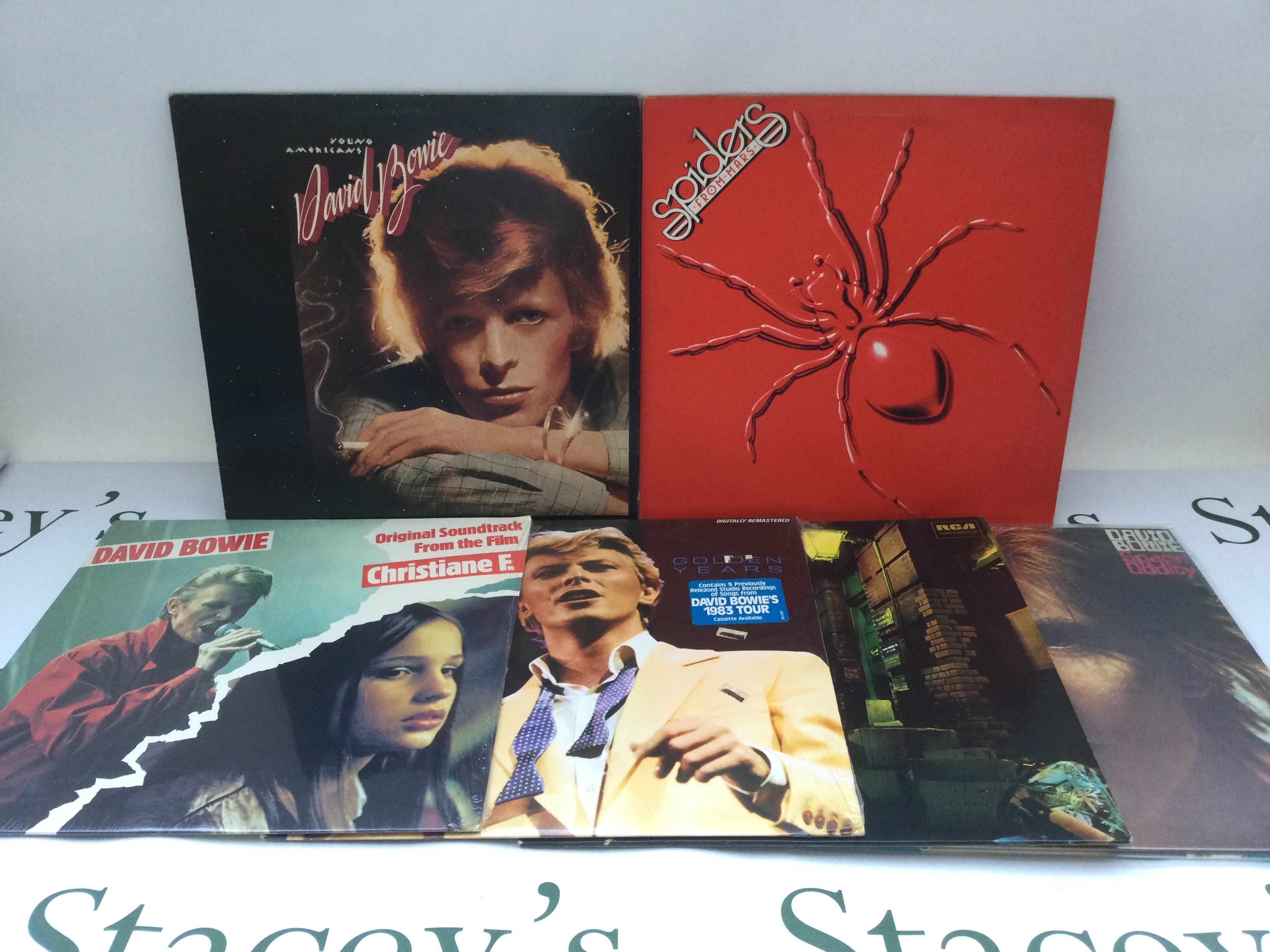 Twelve David Bowie and related LPs comprising sealed copies of 'Golden Years' and 'Christiane F - Original Soundtrack' plus 'Young Americans', 'Ziggy Stardust...' and others.