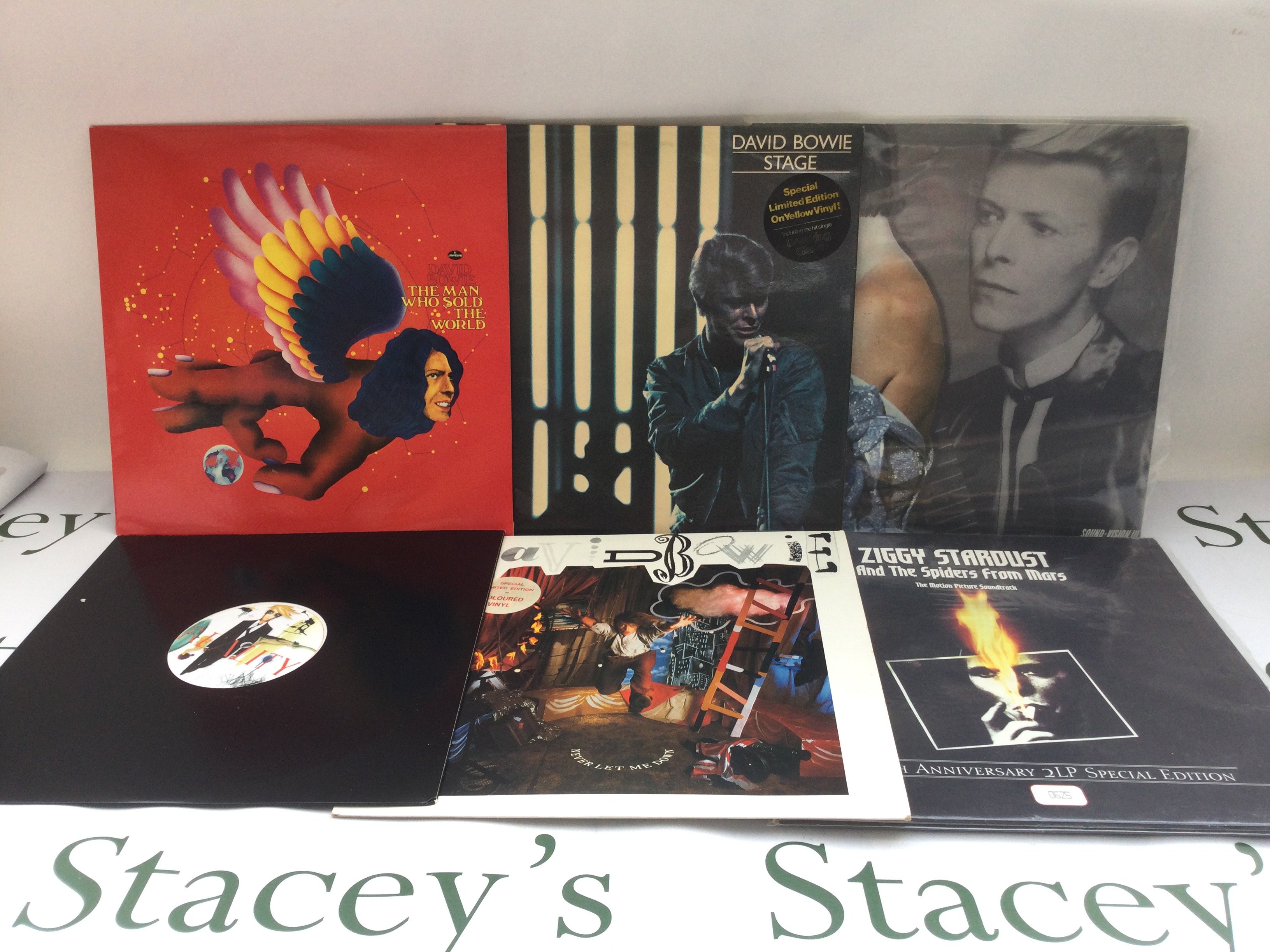Six David Bowie coloured vinyl LPs comprising a limited edition yellow vinyl 'Stage', a limited edition red vinyl 'Ziggy Stardust Motion Picture Soundtrack' and others.
