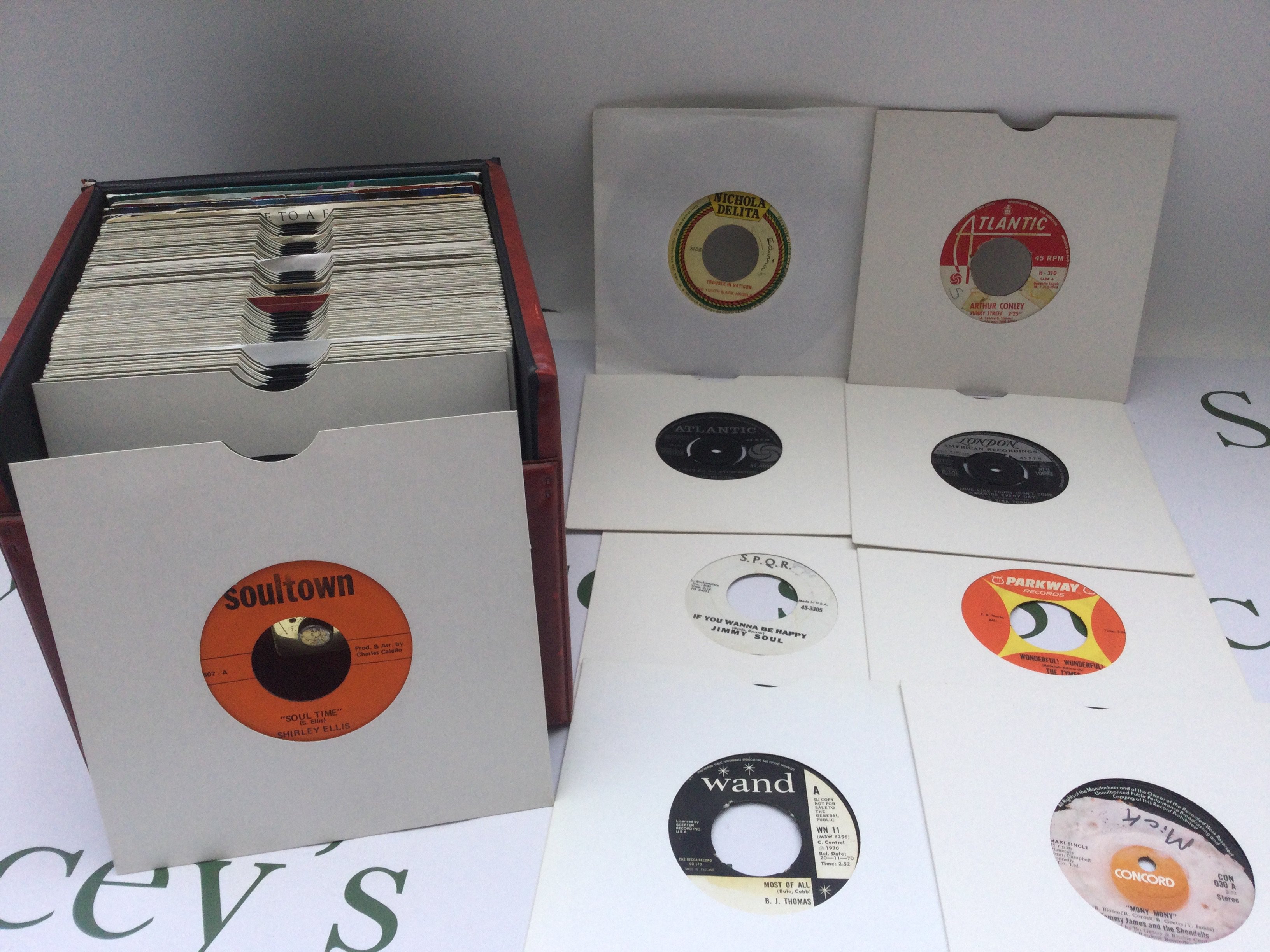 A record case of US and UK soul 7" singles by various artists including Shirley Ellis, Otis Redding, Arthur Conley and others.