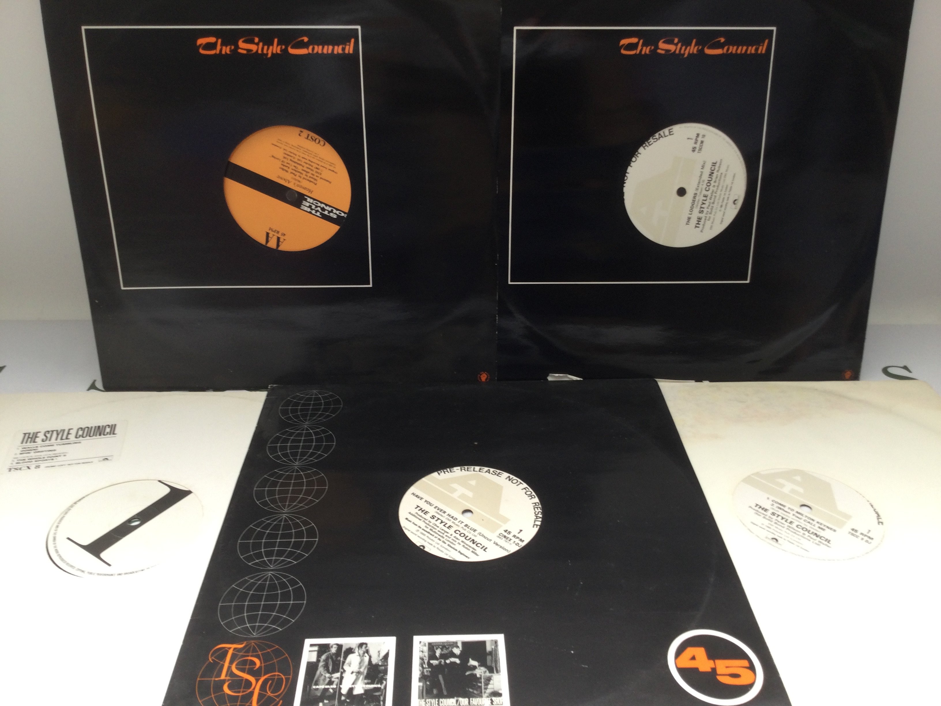 Five Style Council white label 12" promo discs comprising Walls Come Tumbling Down, The Lodgers, Come To Milton Keynes, Have You Ever Had It Blue and Heaven's Above.