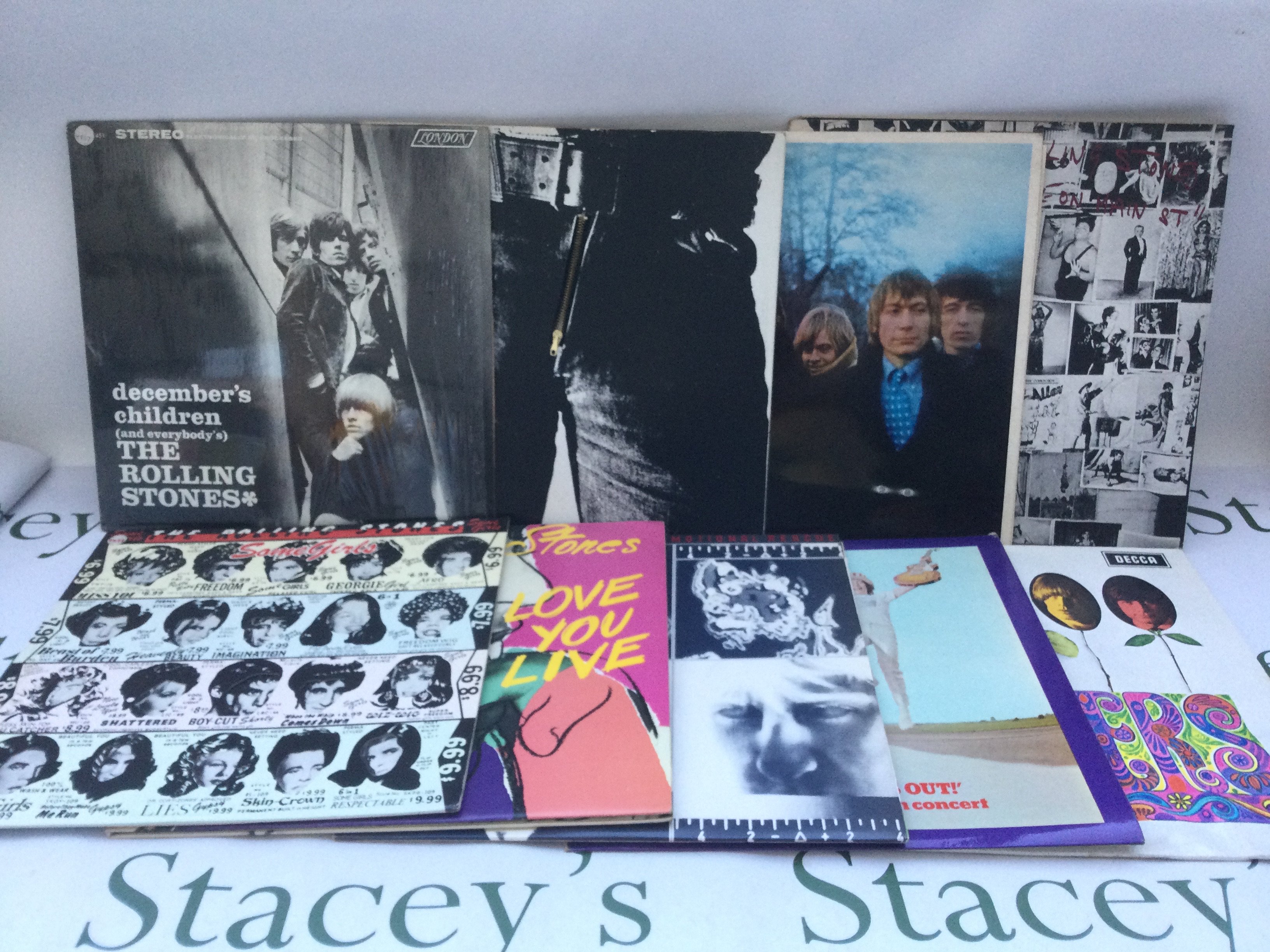 Nine Rolling Stones LPs comprising 'Exile On Main Street', 'Sticky Fingers', a US issued 'December's Children' and others.