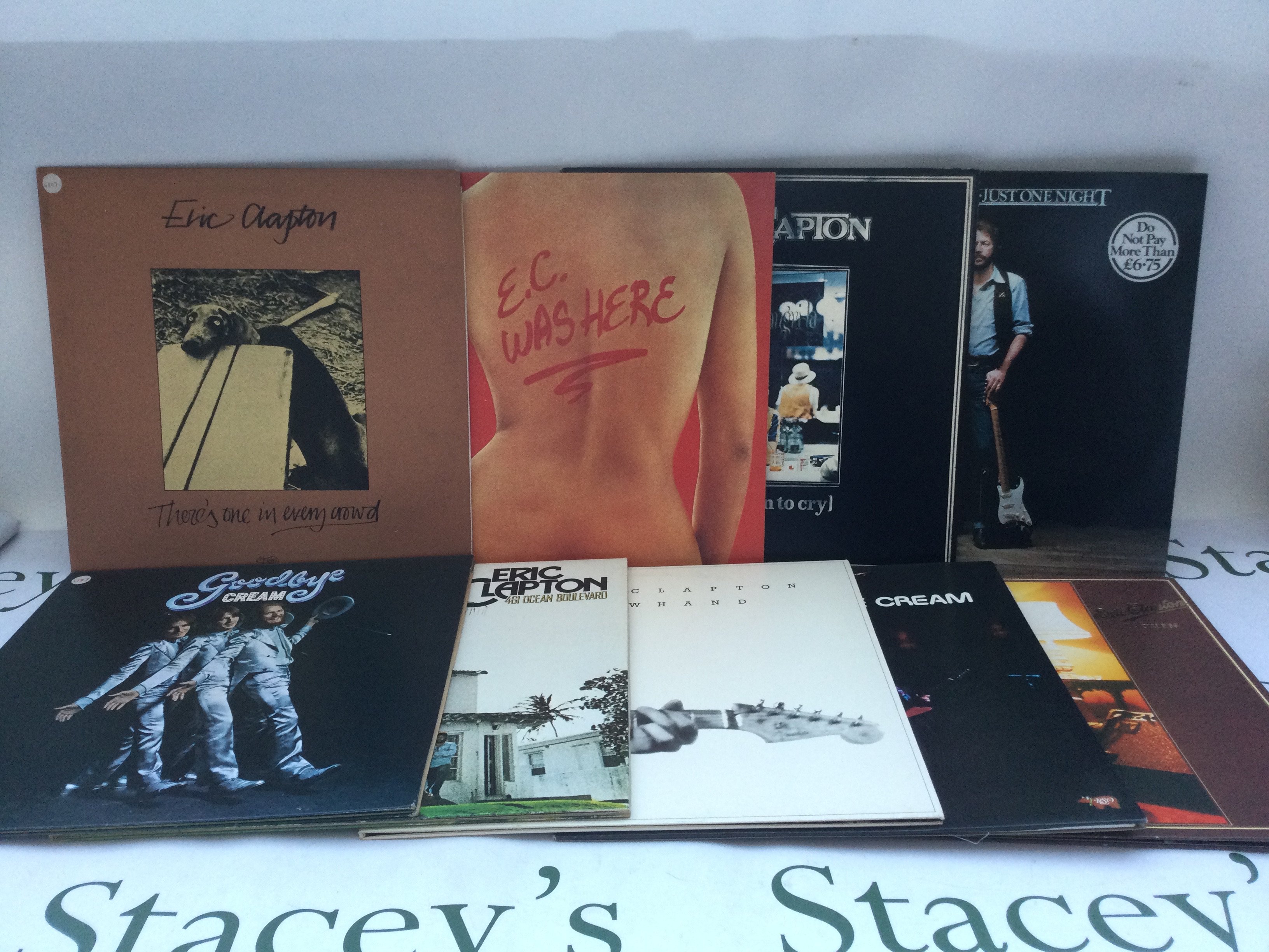 Nine Eric Clapton and related LPs comprising 'Slowhand', 'Backless', 'Goodbye' by Cream and others.