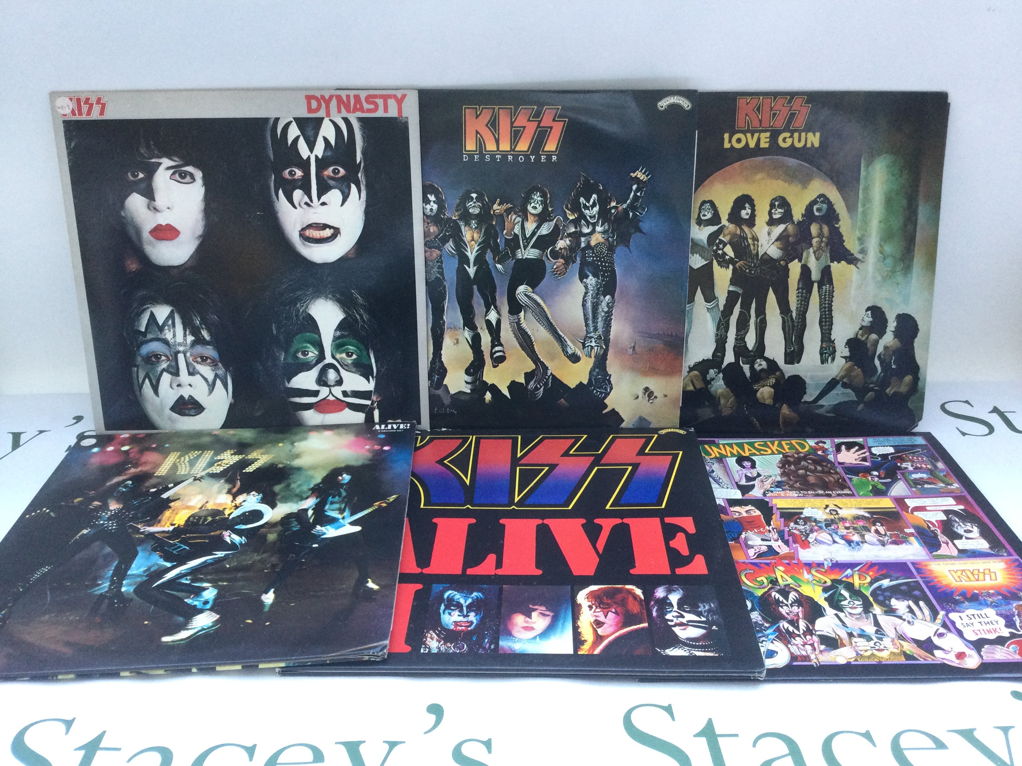 Six Kiss LPs comprising 'Dynasty', 'Love Gun' a promo copy of 'Unmasked' and others.