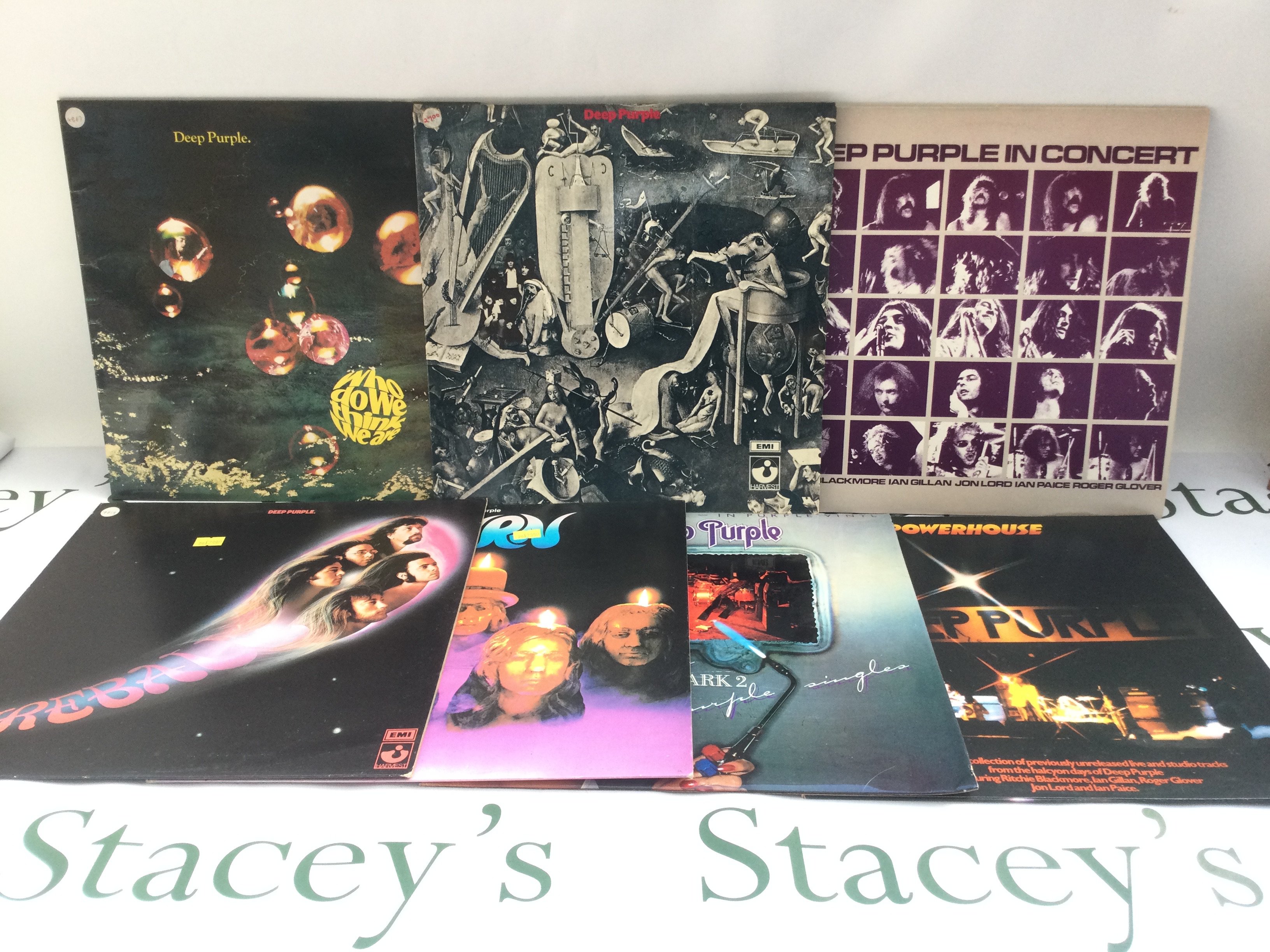 Seven Deep Purple LPs comprising 'Who Do We Think We Are?', 'Fireball' and others. Includes a promo copy of 'Deep Purple'.