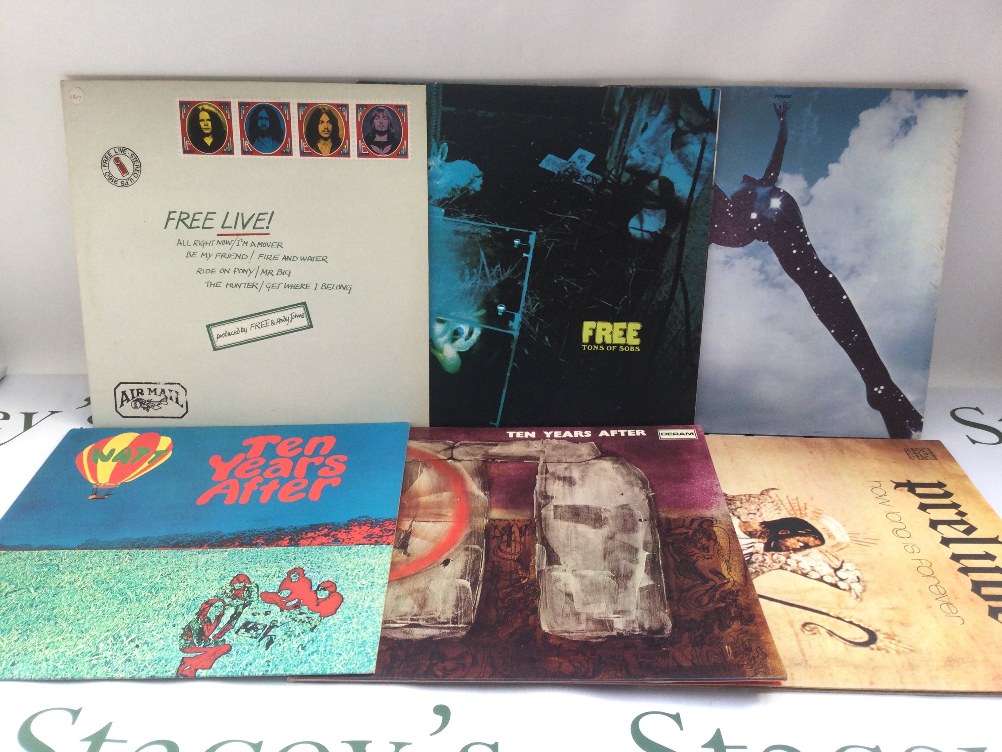 Six rock LPs by Free, Ten Years After and Prelude comprising 'Watt', 'Tons Of Sobs' and others.