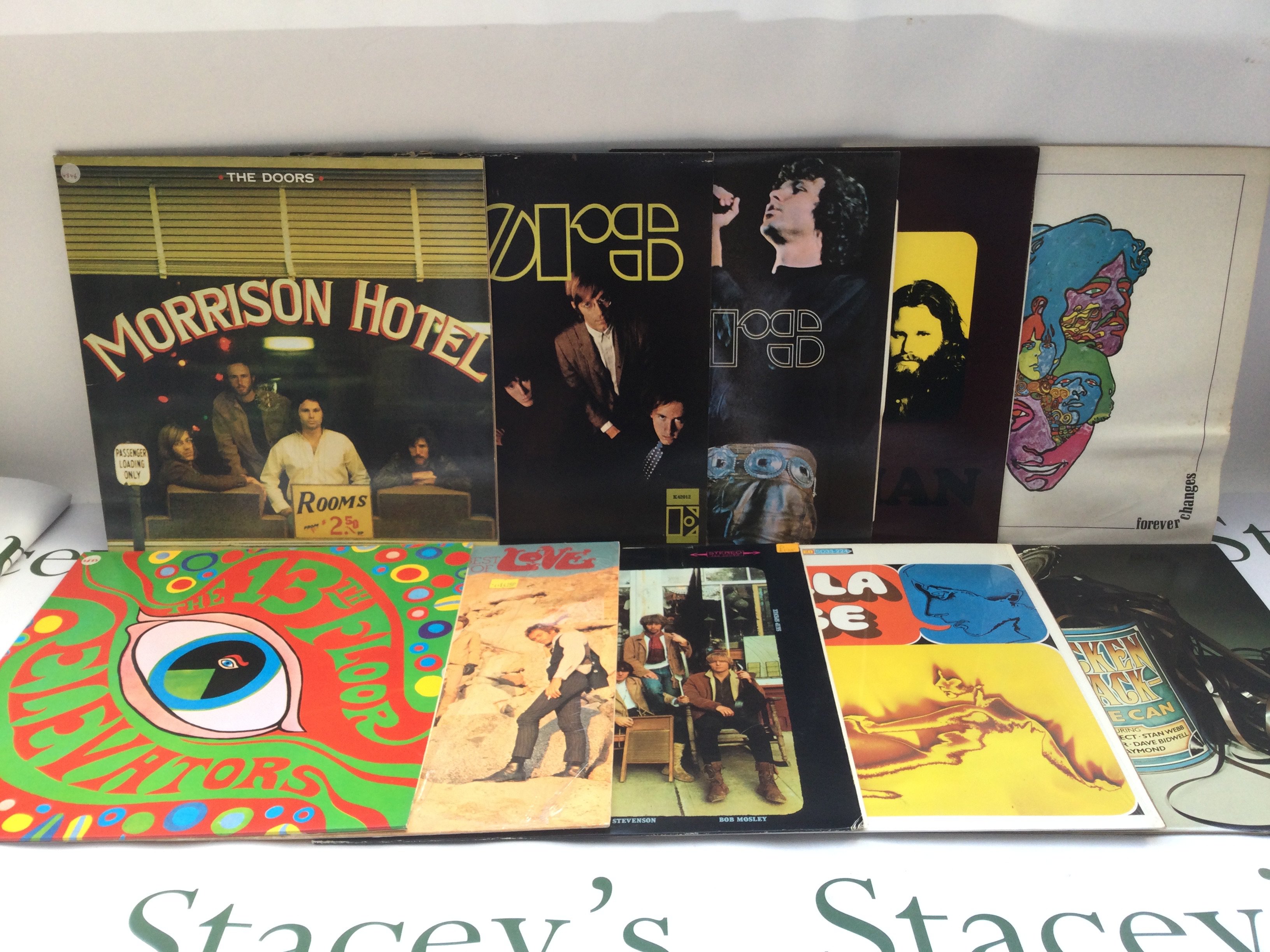 Ten rock and psych rock LPs by various artists including The Doors, Vanilla Fudge, Moby Grape and others. Includes US pressings and DJ promo of 'In The Can' by Chicken Shack. Please note the sleeve for 'Forever Changes' is water damaged.