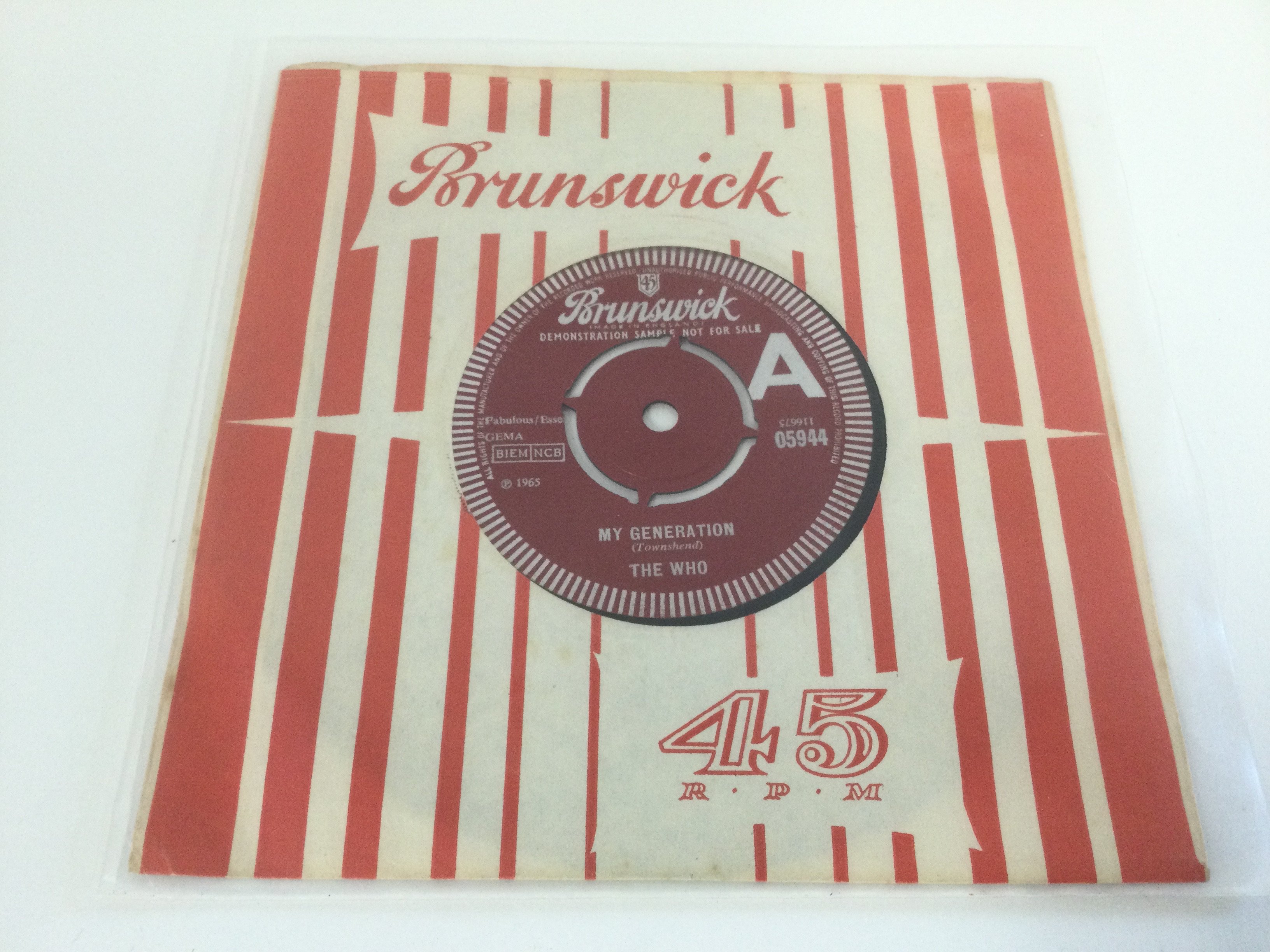 A rare 1965 UK demo of 'My Generation' b/w 'Shout And Shimmy' by The Who. Brunswick 05944. EX/EX.