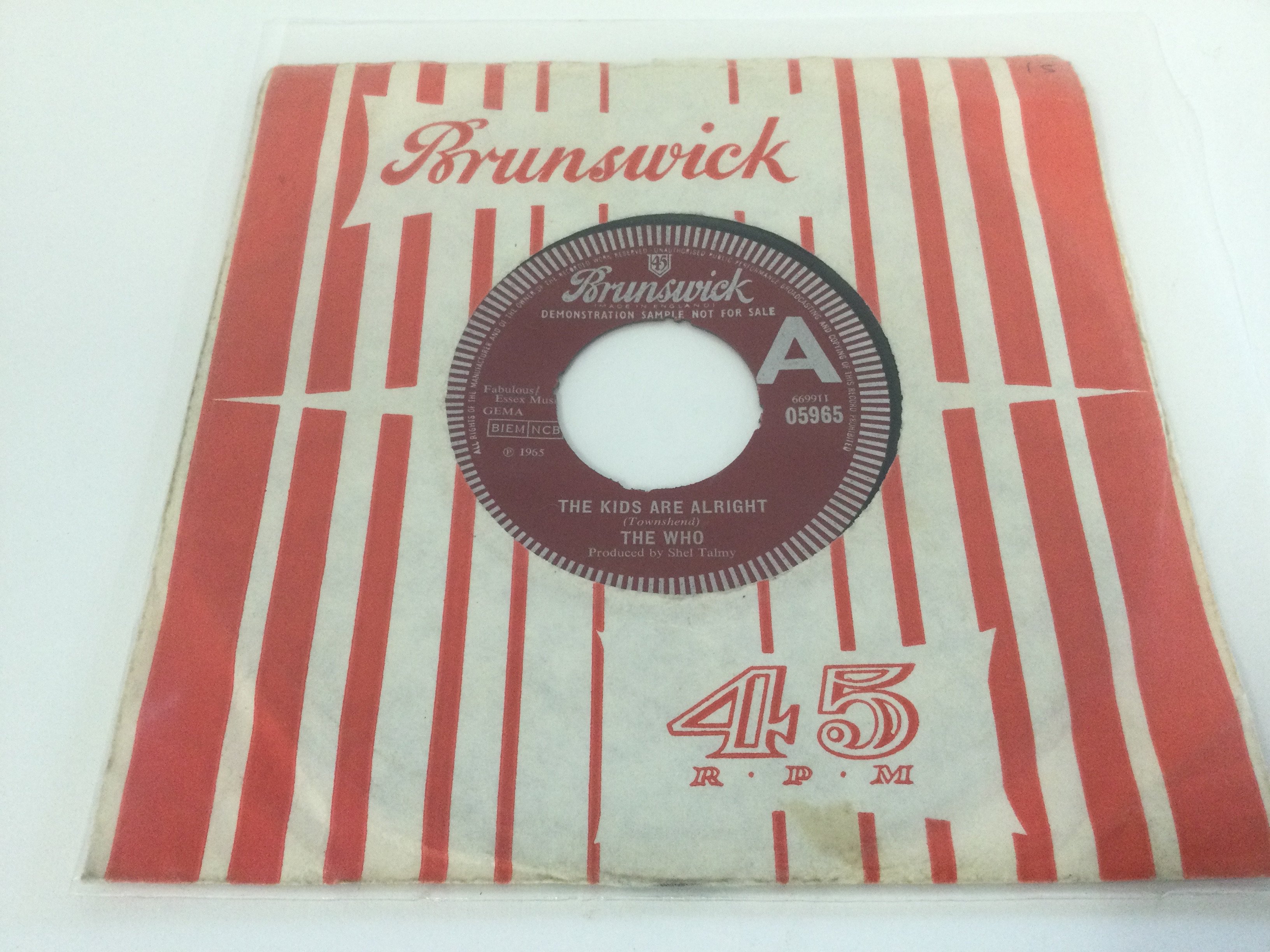 A rare 1965 UK demo of 'The Kids Are Alright' b/w 'The Ox' by The Who. Brunswick 05965. Vinyl Ex, sleeve VG.