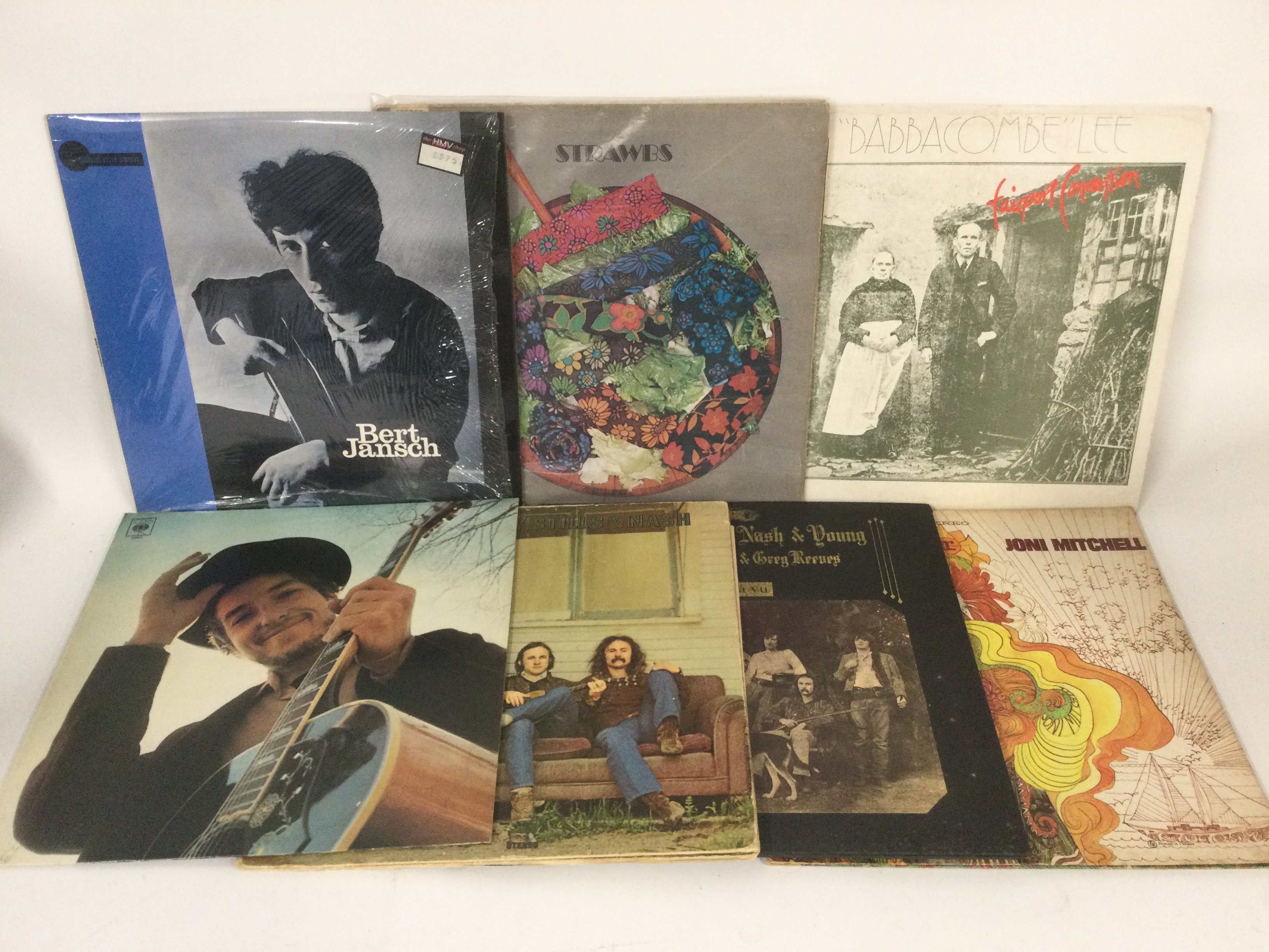 Fifteen folk rock LPs by various artists including Bert Jansch, Fairport Convention, Crosby, Stills & Nash and others.