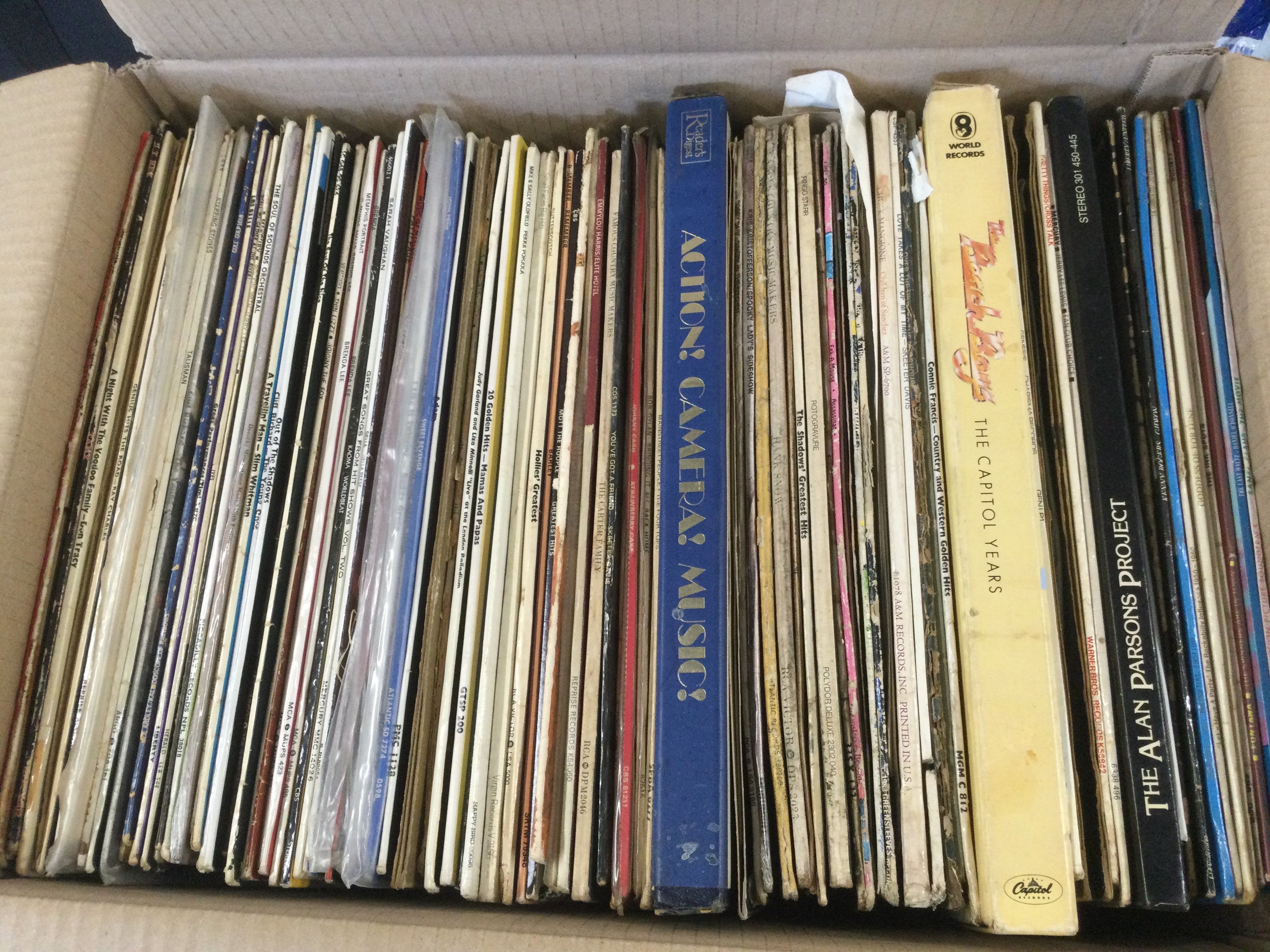 Three boxes and two record cases of LPs by various artists including Bruce Springsteen, Humble Pie, Otis Redding, Rolling Stones and many more.