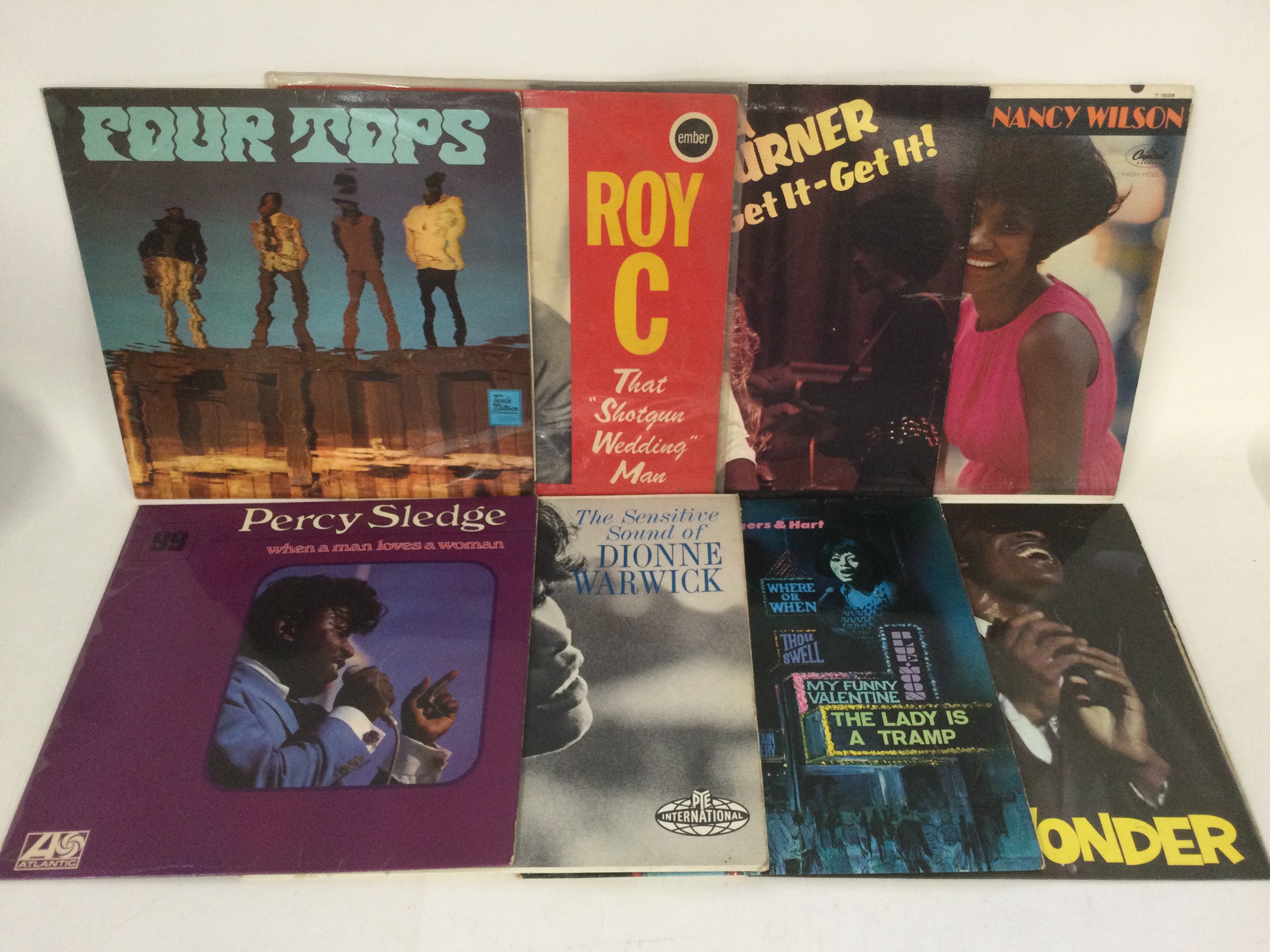 Two bags containing 27 soul and Motown LPs by various artists including Four Tops, Nancy Wilson, The Drifters and others.