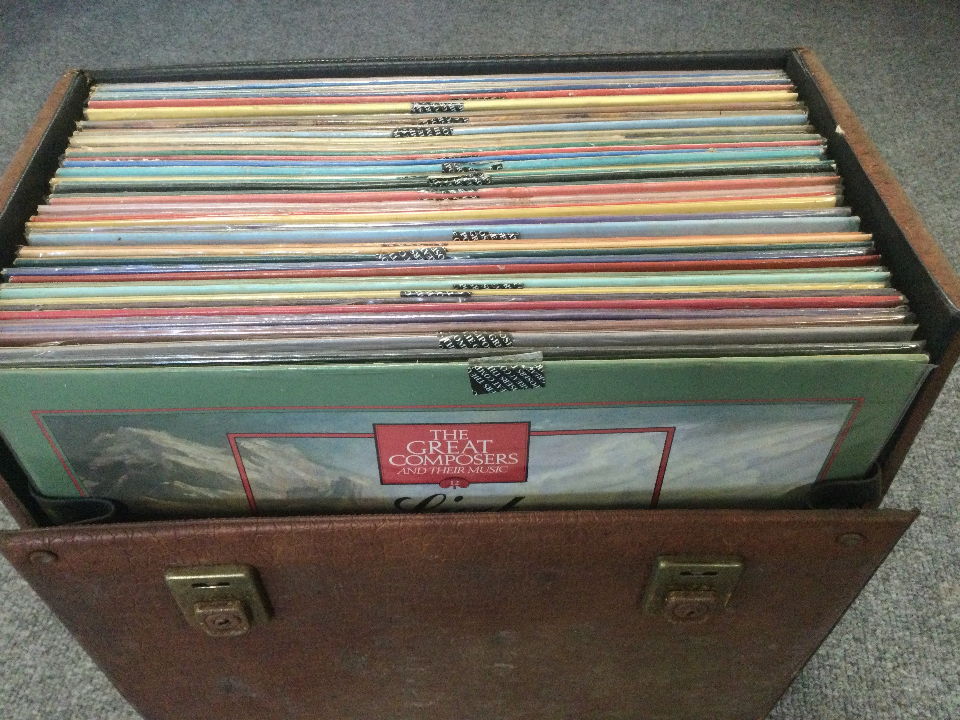 A record case of 'The Great Composers' Classical music LPs.