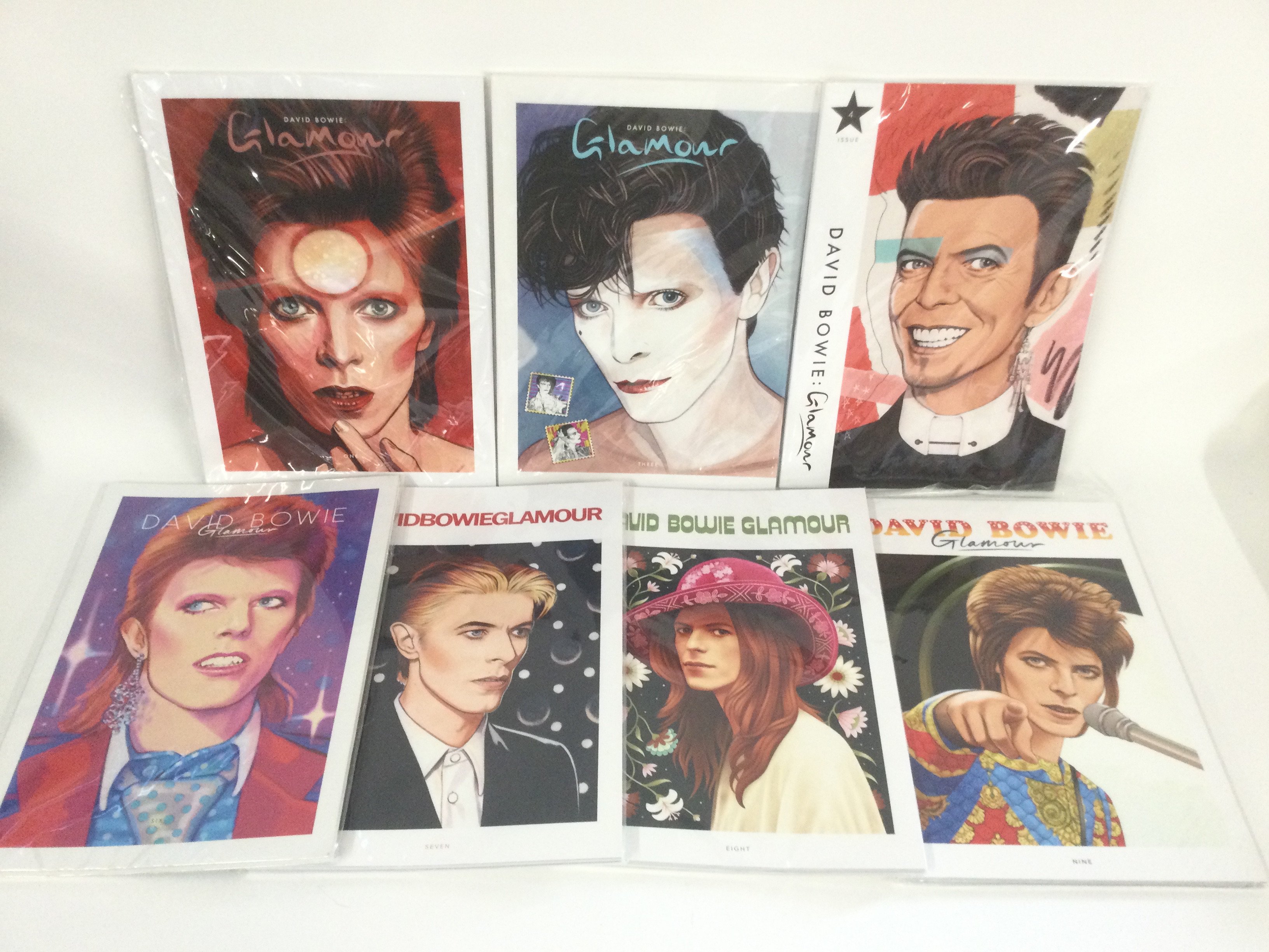 Seven issues of David Bowie Glamour fanzine comprising numbers 1,3,4,6,7,8 & 9.