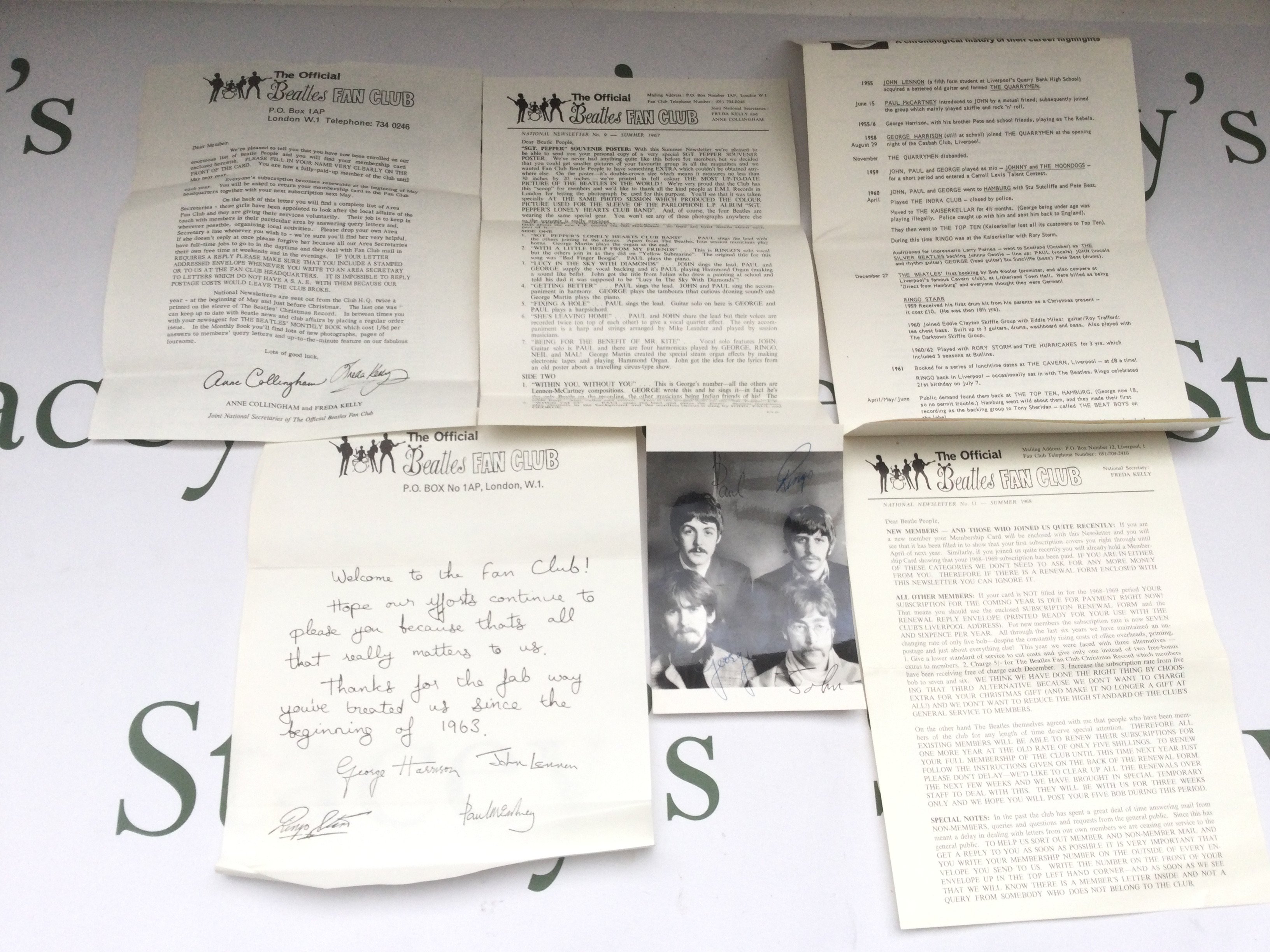 A collection of Beatles fan club memorabilia from 1967 and 1968 including covering letters, posters and a postcard with facsimile signatures.
