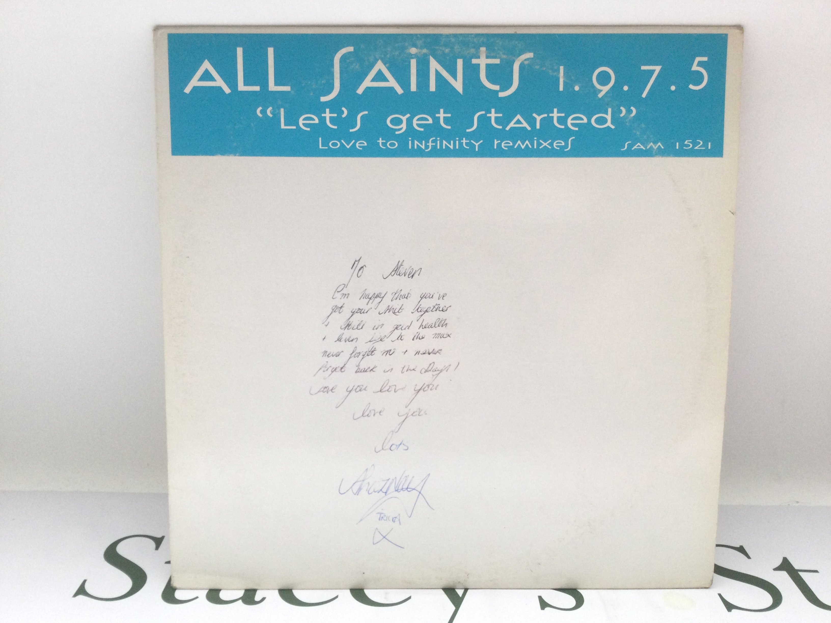 A signed All Saints 12" promo disc, signed by Shaznay Lewis with accompanying note addressed to 'Steven'. Please note that we are not experts in this field and can offer no guarantees that these signatures are genuine and will not be held responsible should they prove otherwise.