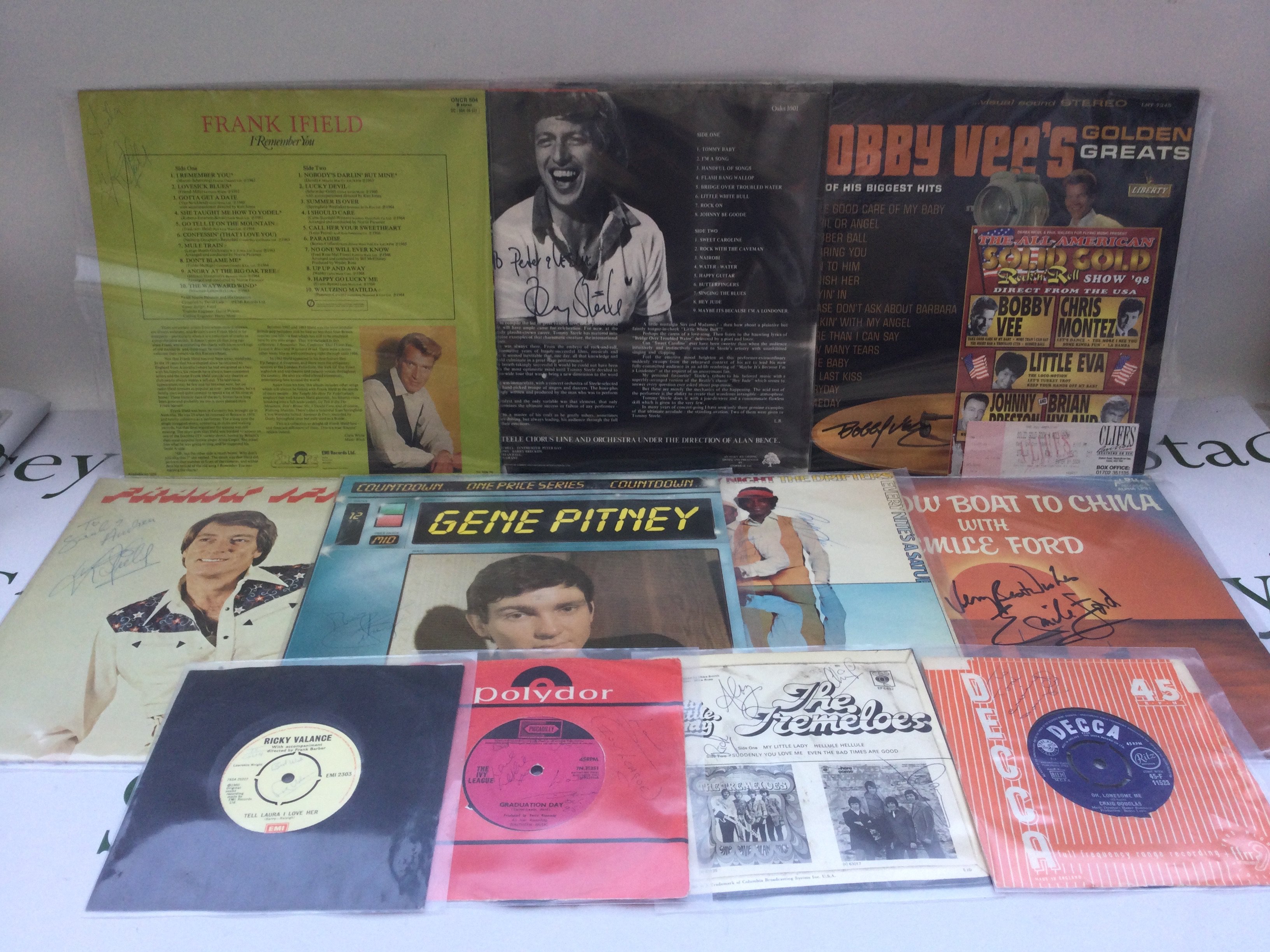 A collection of signed LPs and 7" singles by various artists including Bobby Vee, Ricky Valance, Tommy Steele and others.