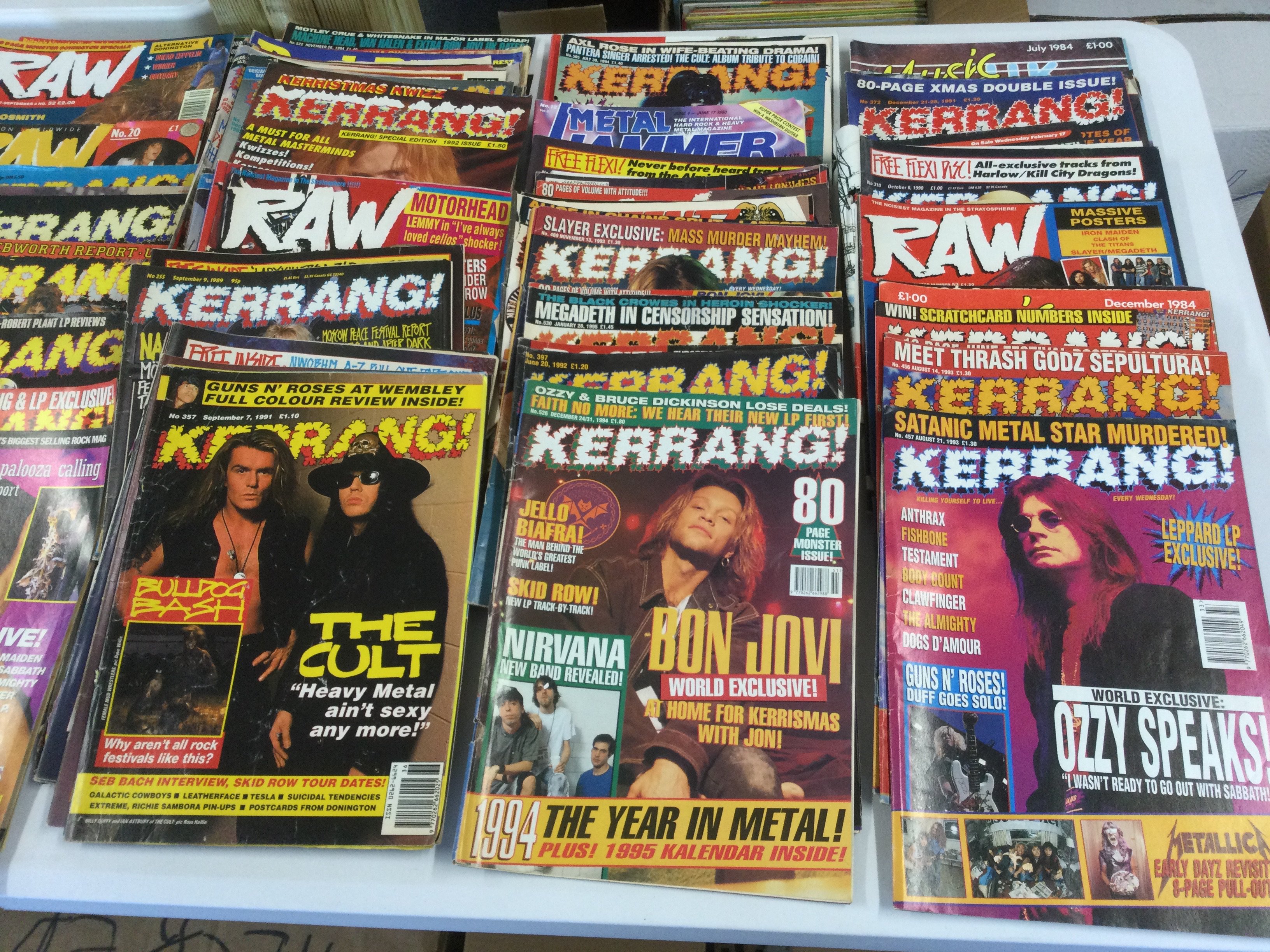 Two boxes of music magazines comprising various issues of Kerrang!, Raw, Metal Hammer, Music UK