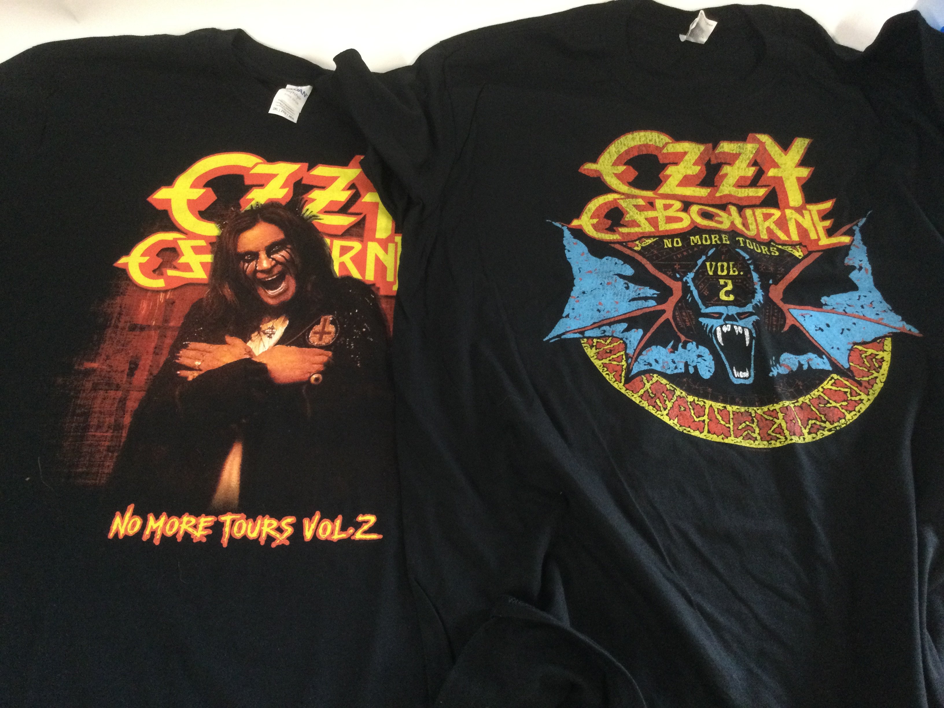 Two Ozzy Osbourne 'No More Tours Part 2' tour T shirts. Both withdrawn as the tour was cancelled. Sizes L and XL.